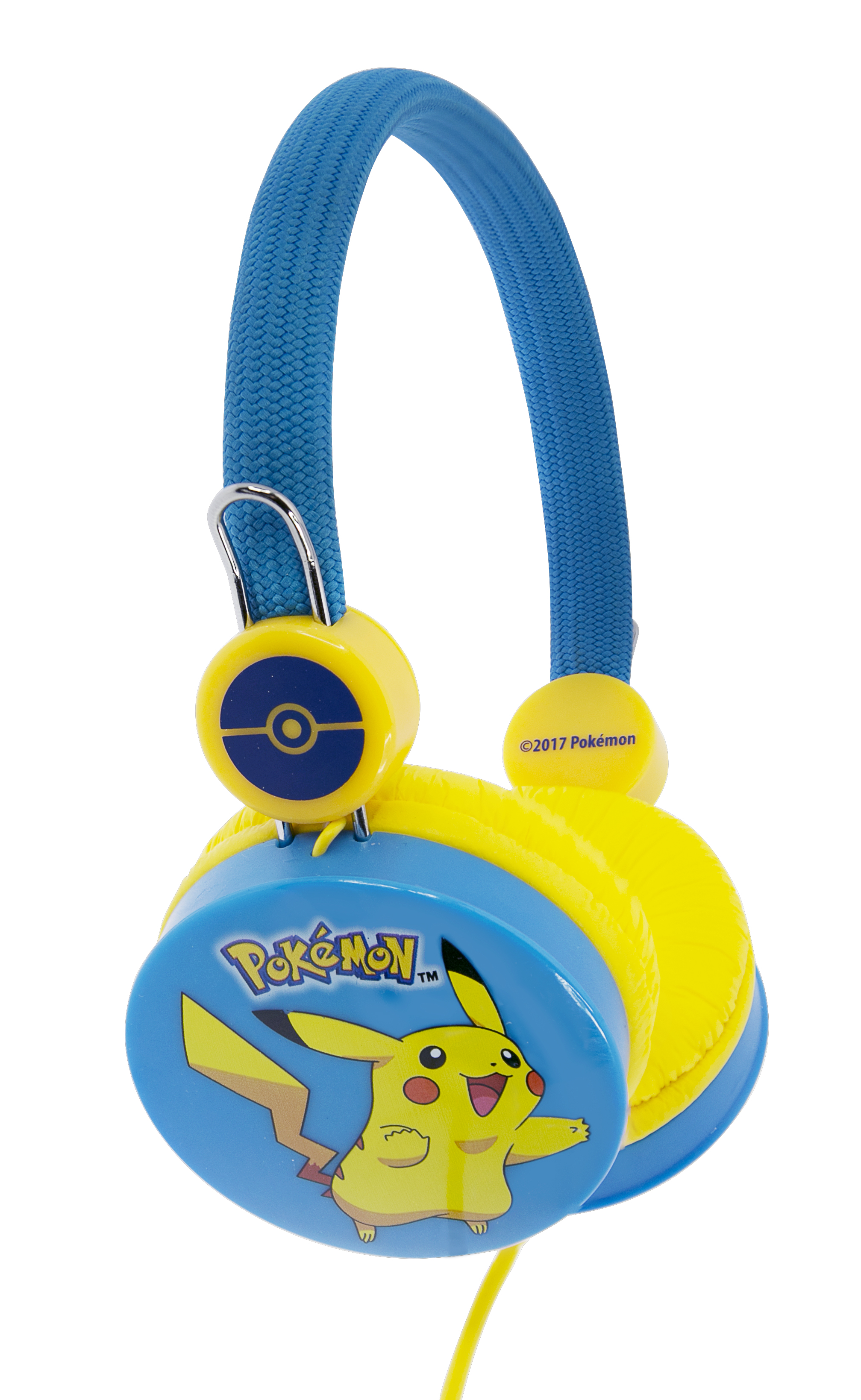 Cuffie Pokémon blu e gialle. Pikachu sui padiglioni, con archetto blu.