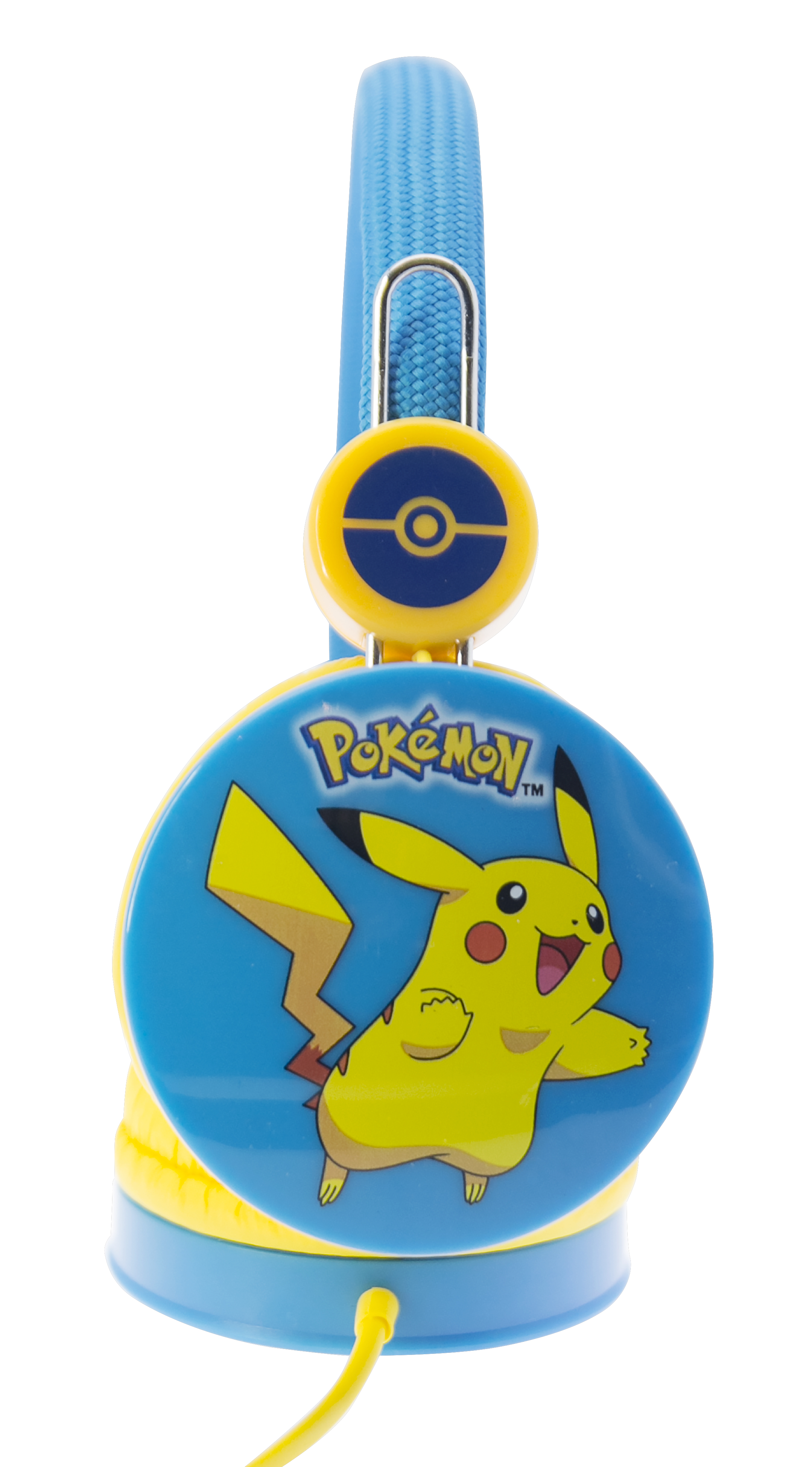 Cuffie Pikachu blu e gialle. Immagine di Pikachu sui padiglioni auricolari. Cavo giallo.