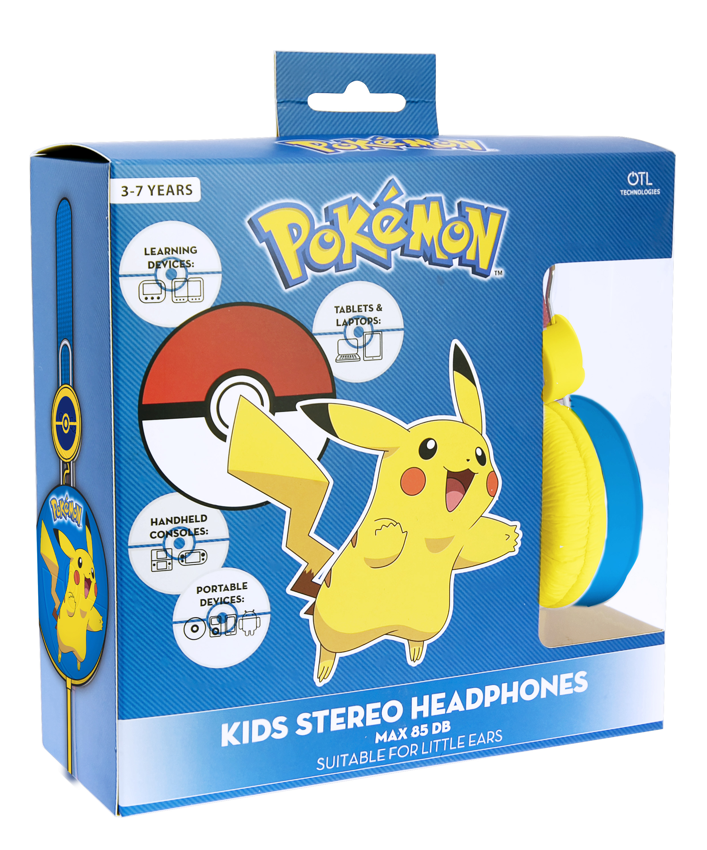Scatola di cuffie per bambini a tema Pokemon con Pikachu, una Pokeball e informazioni sul prodotto.