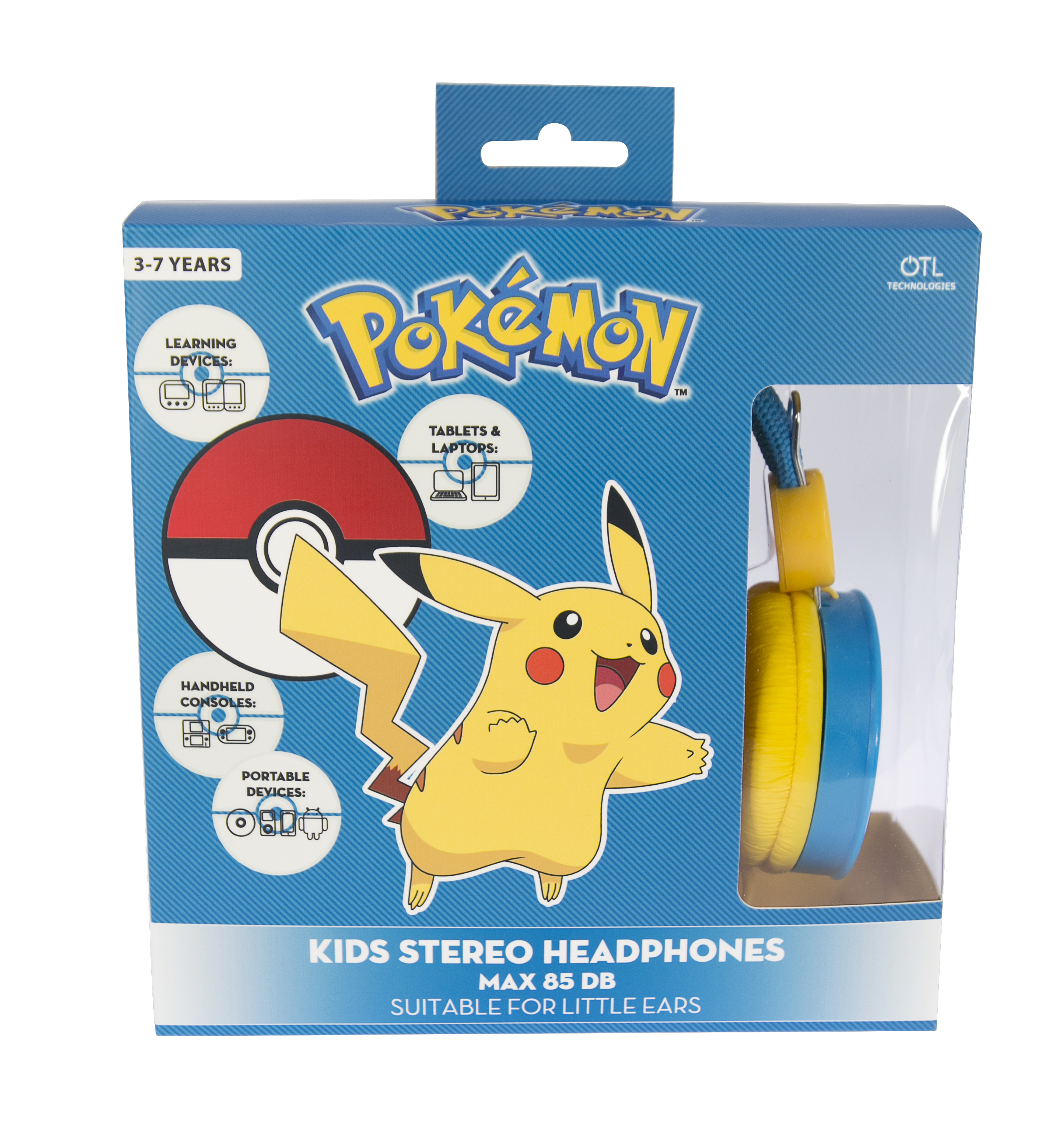 Scatola di cuffie a tema Pokemon con Pikachu e testo: 'KIDS STEREO HEADPHONES MAX 85 DB'.