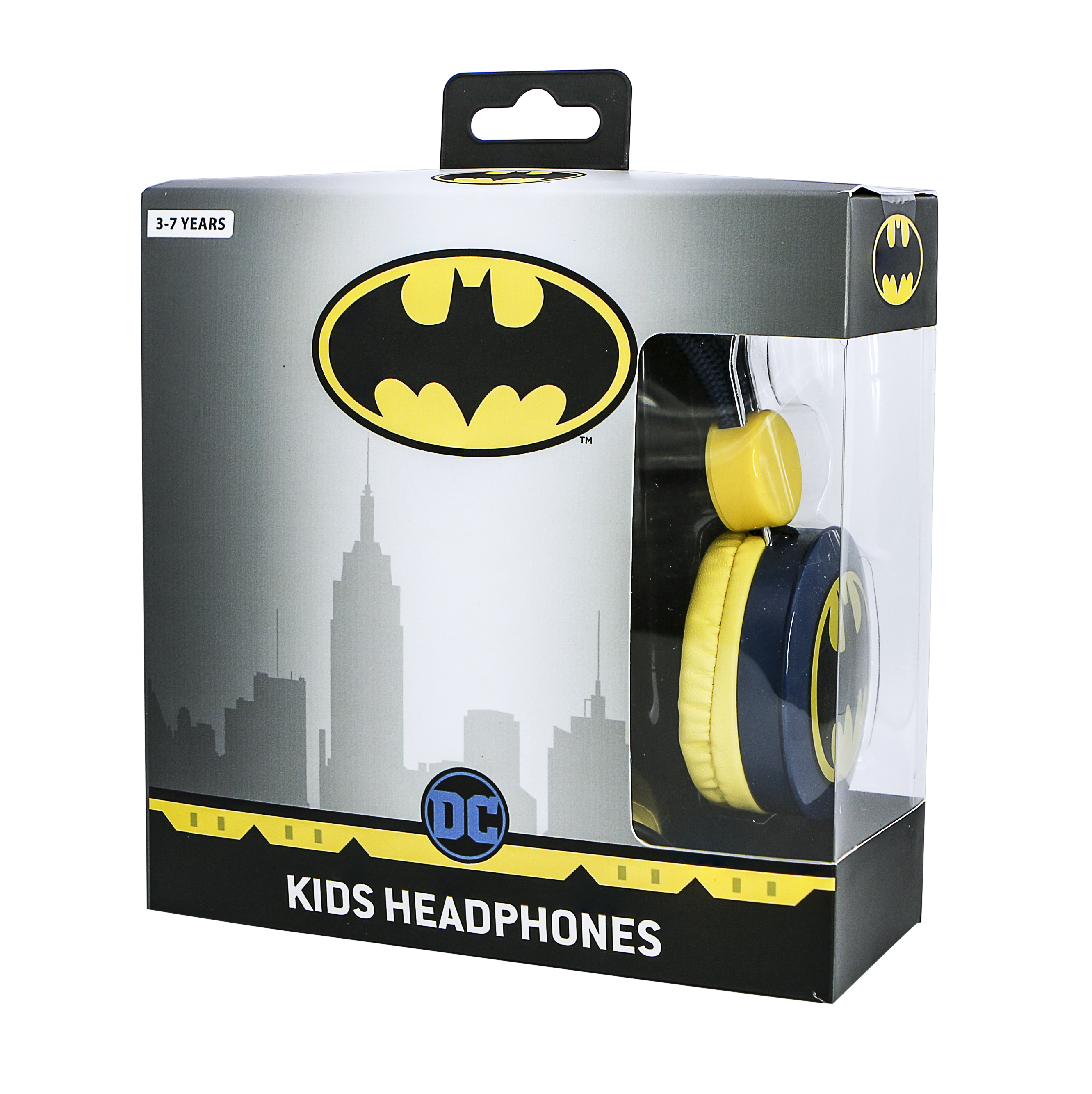 Kinderkopfhörer in einer Batman-Box mit dem DC-Logo.