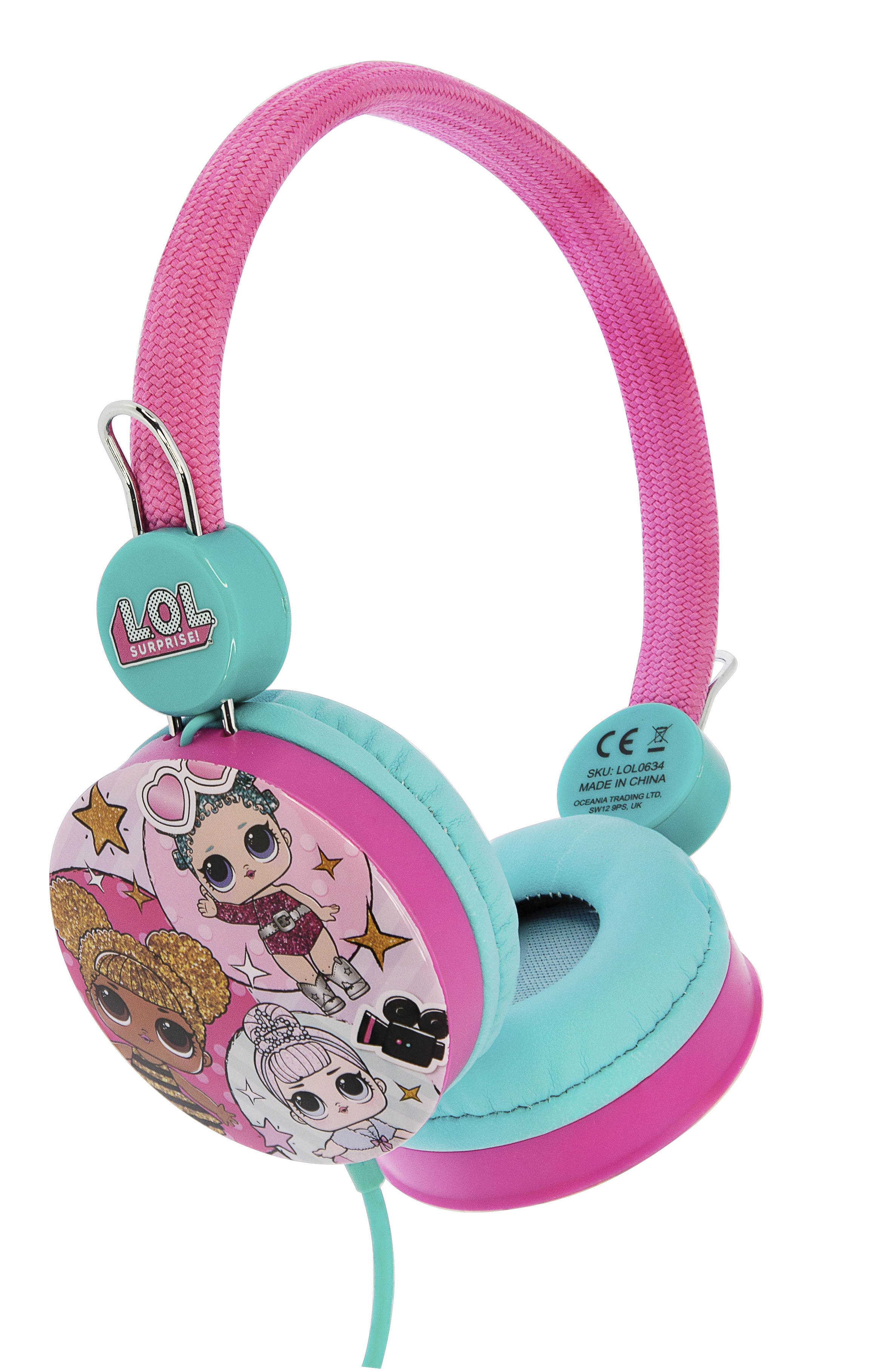 Różowe i turkusowe słuchawki LOL Surprise z ilustracjami lalek na nausznikach.