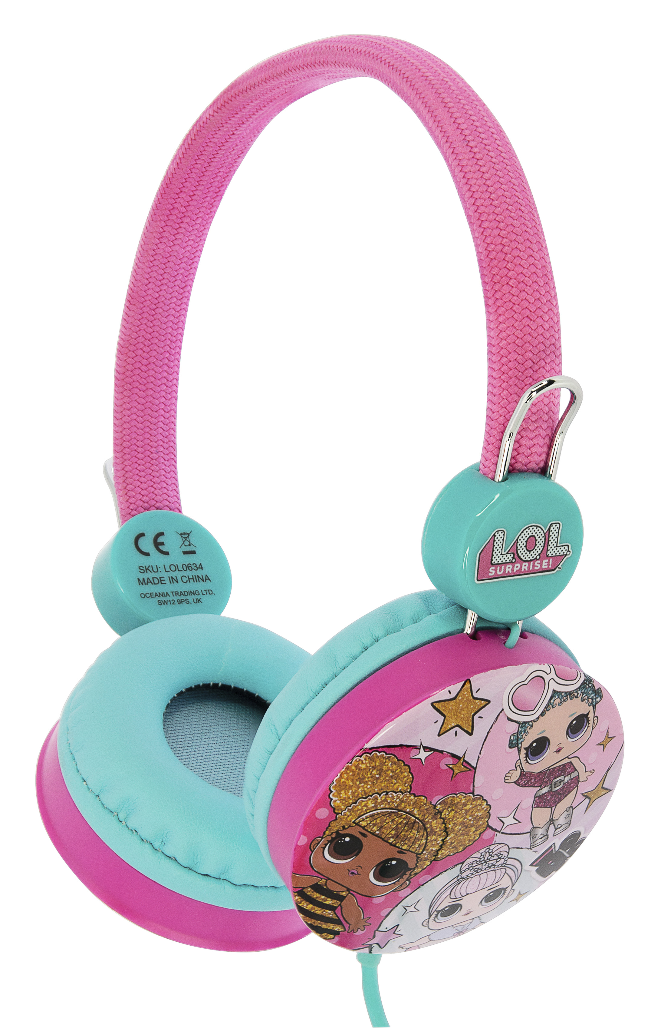 Różowe i turkusowe słuchawki LOL Surprise z postaciami z kreskówek na białym tle.