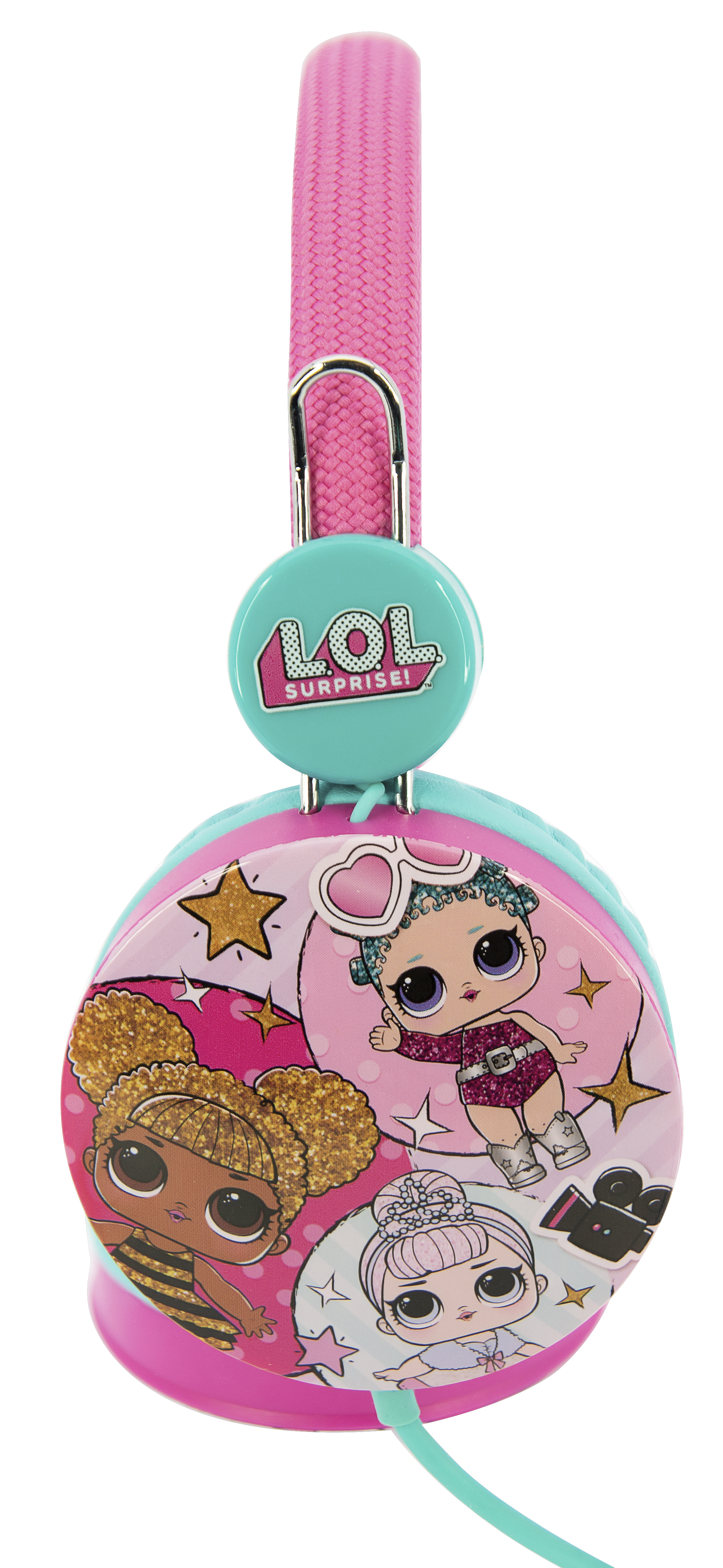 Różowe i niebieskie słuchawki LOL Surprise z postaciami z kreskówek i różową opaską.