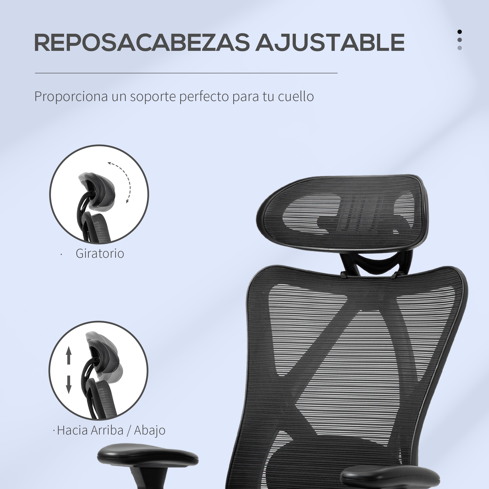 Primer plano de un reposacabezas de malla negro, ajustable y giratorio.
