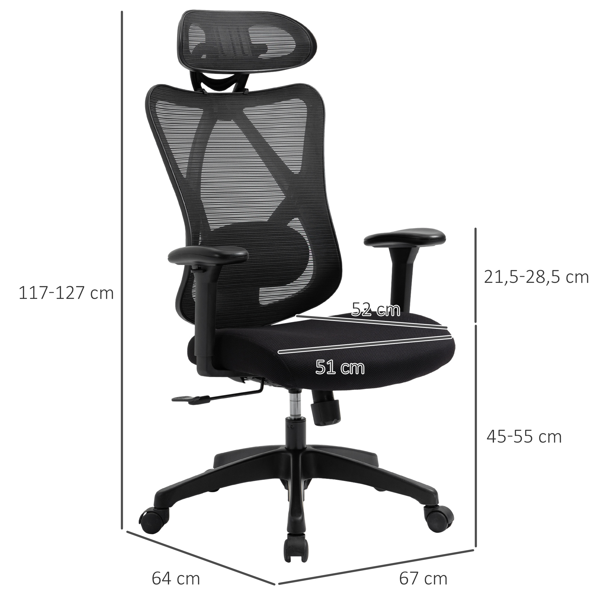 Silla de oficina de malla negra, dimensiones etiquetadas. Fondo blanco.