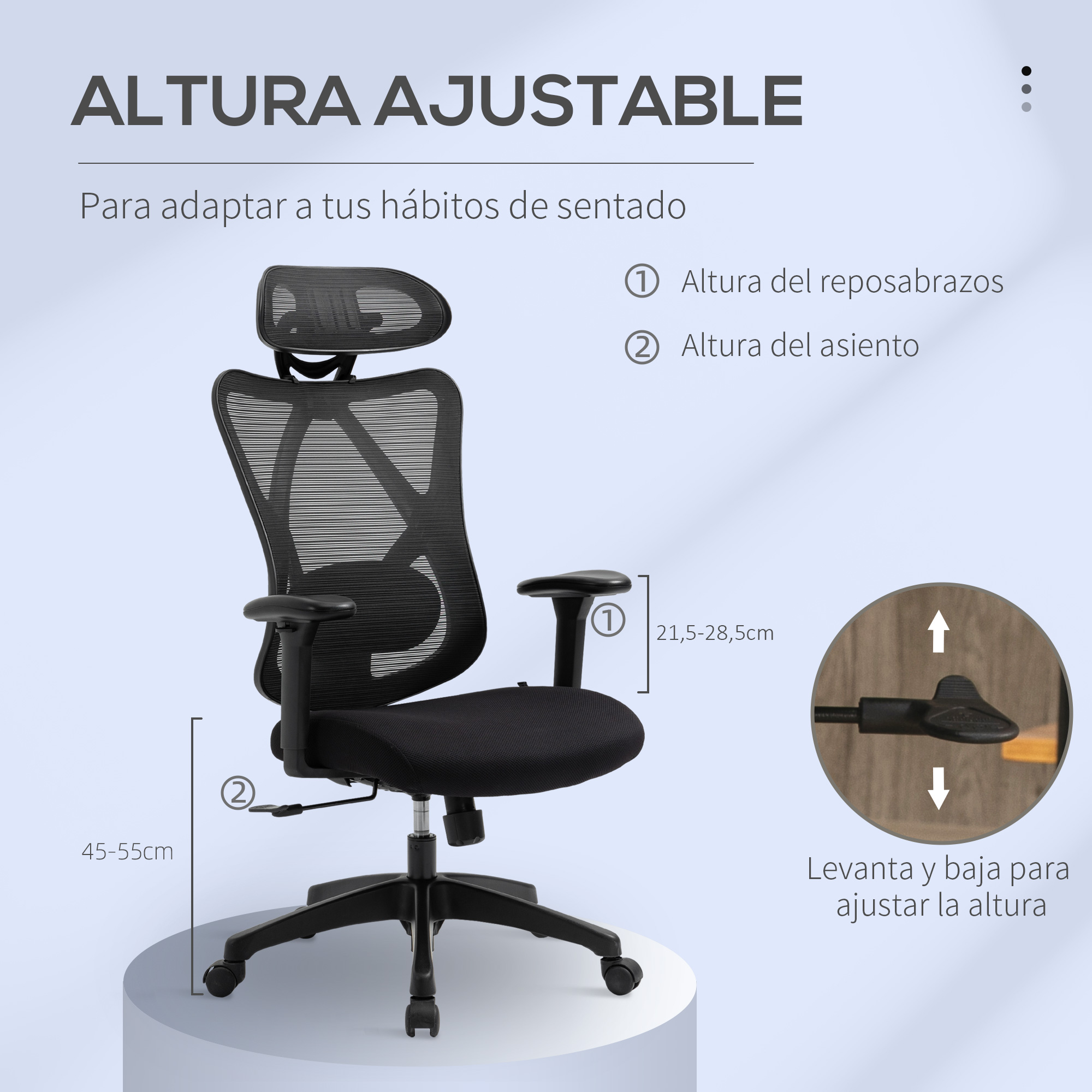 Una silla de oficina ergonómica negra con altura ajustable. El texto y las flechas indican los ajustes.