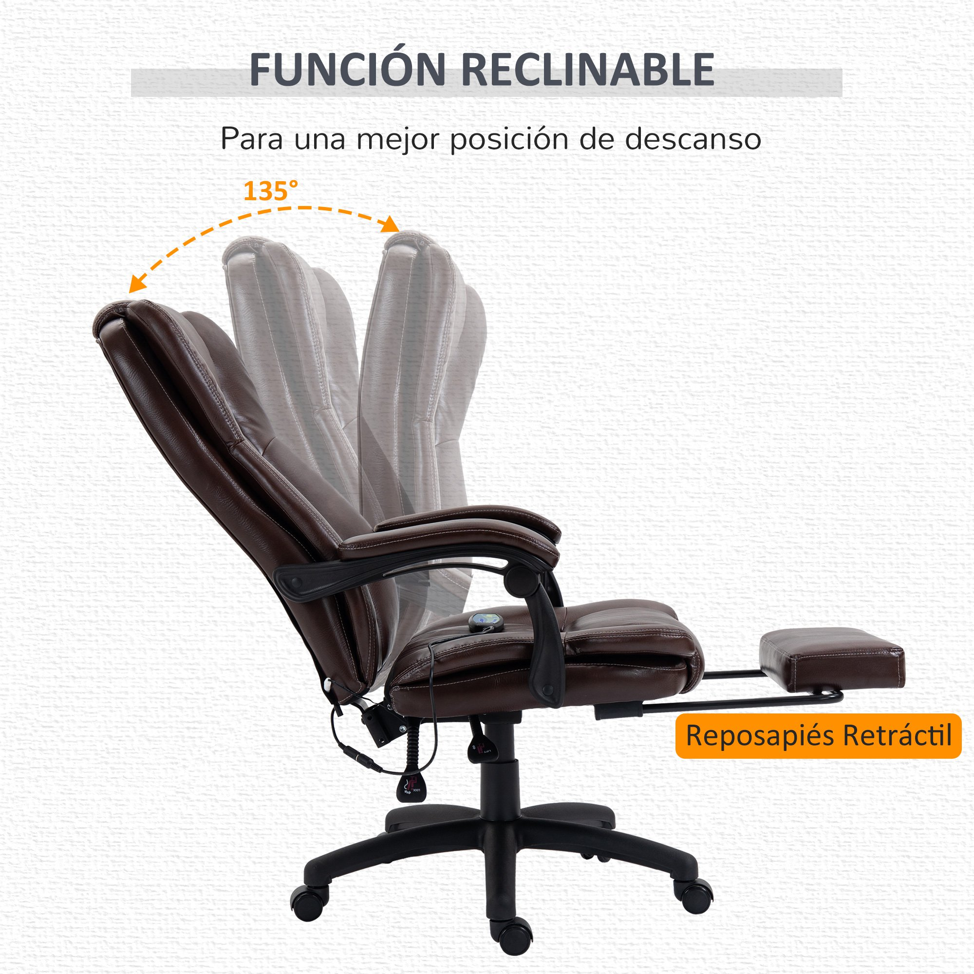 Silla de oficina de cuero marrón con función reclinable y reposapiés, mostrando posiciones reclinables.