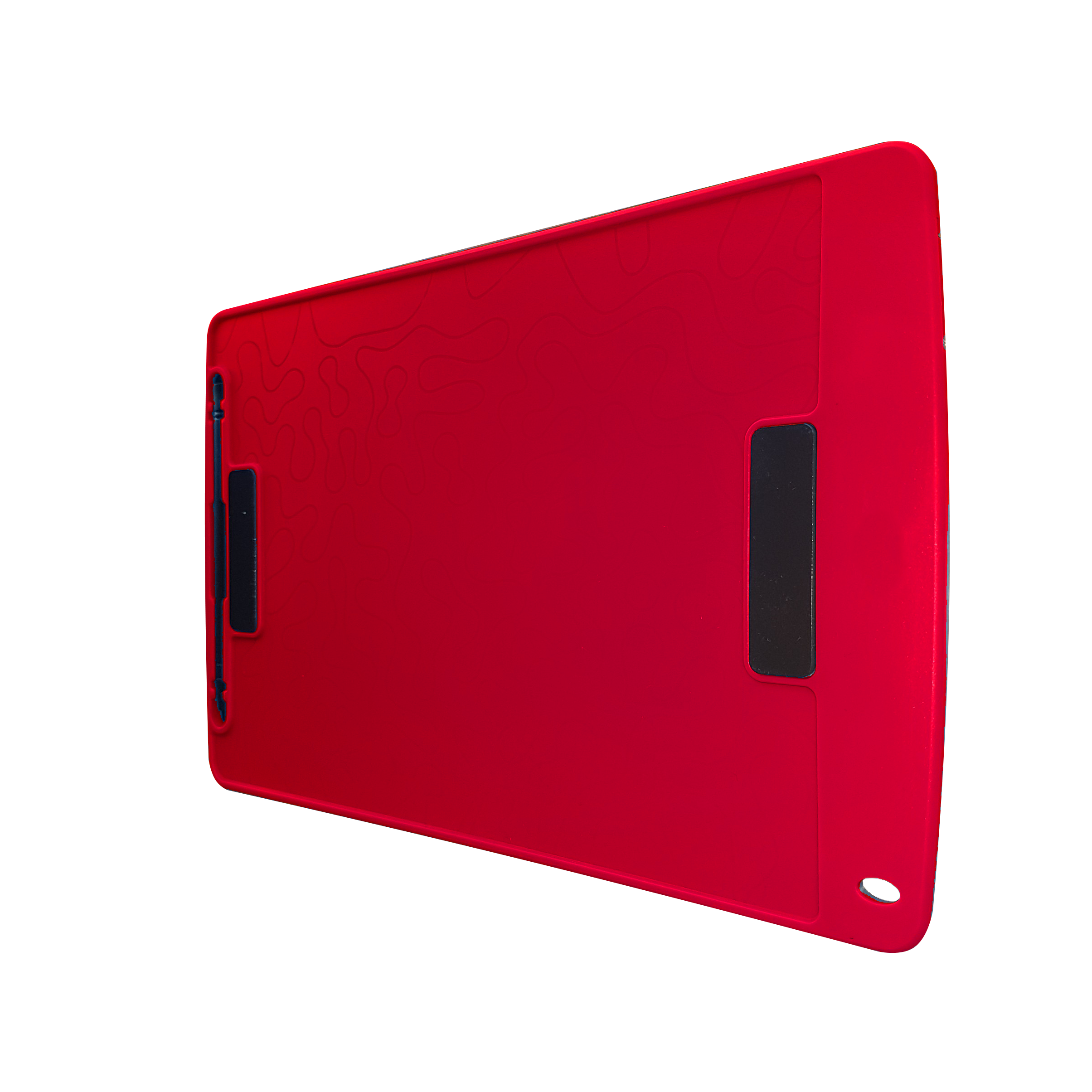 Ein rotes Tablet mit einem schwarzen Stift und einem schwarzen Rechteck vor schwarzem Hintergrund.