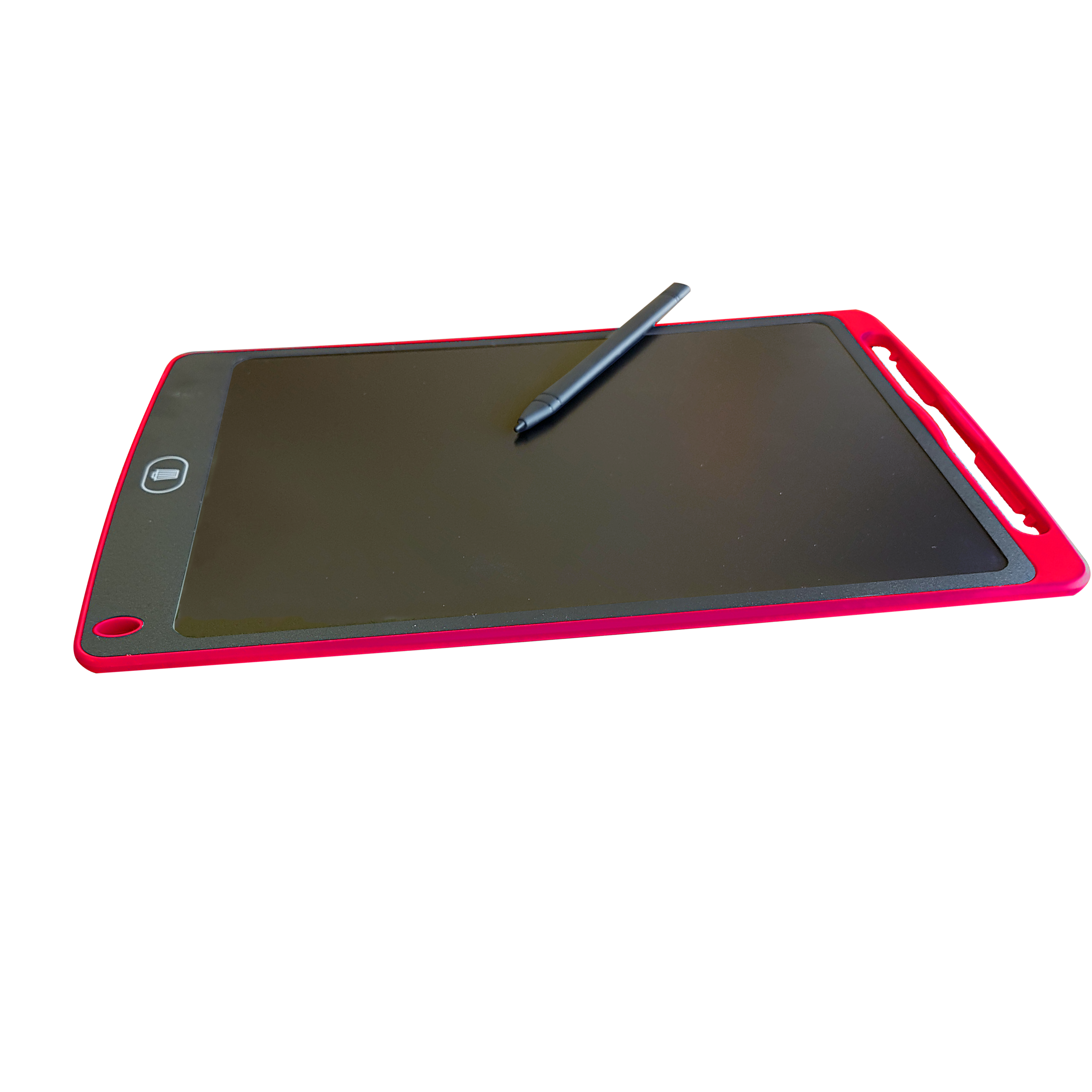 Ein rot-schwarzes elektronisches Schreibtablett mit einem schwarzen Stift.