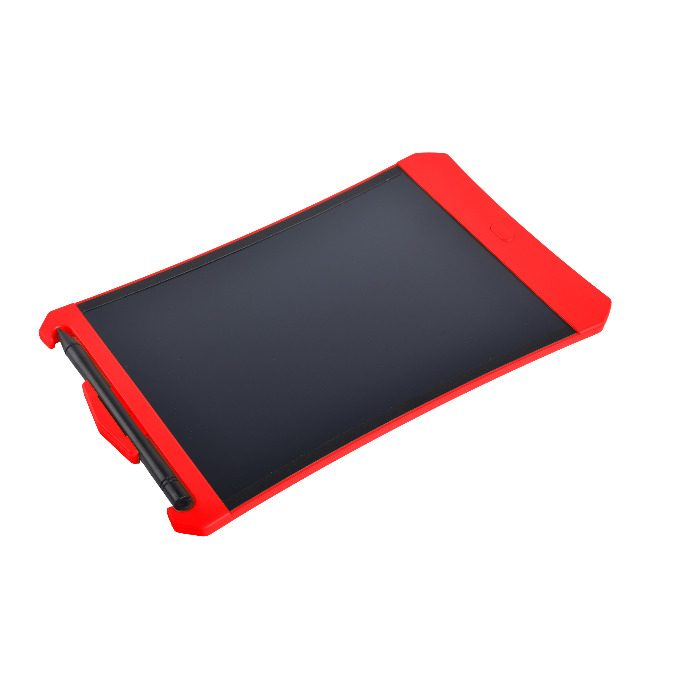 Tableta roja con pantalla negra y un bolígrafo negro, sobre fondo blanco.