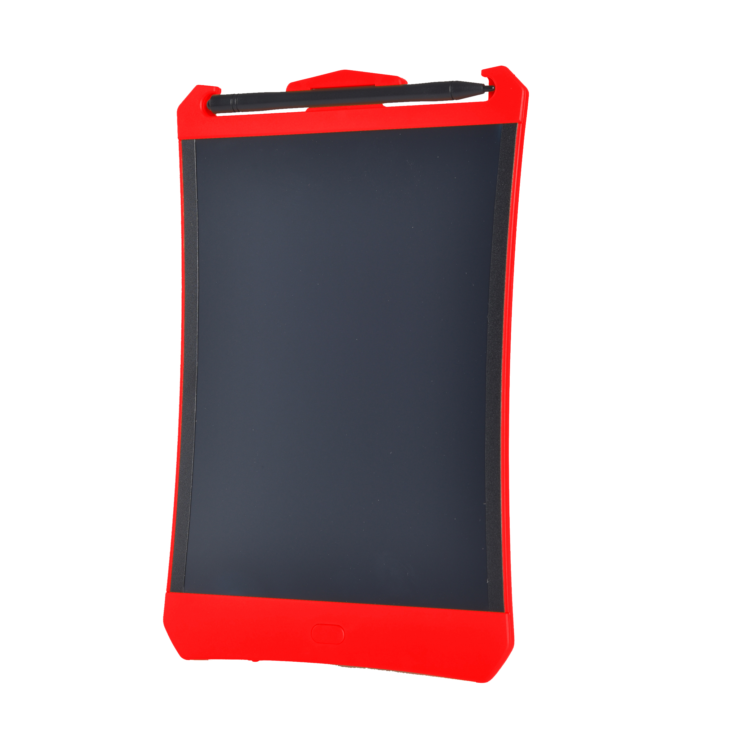Tableta de dibujo roja con pantalla negra y ranura para bolígrafo, fondo blanco.
