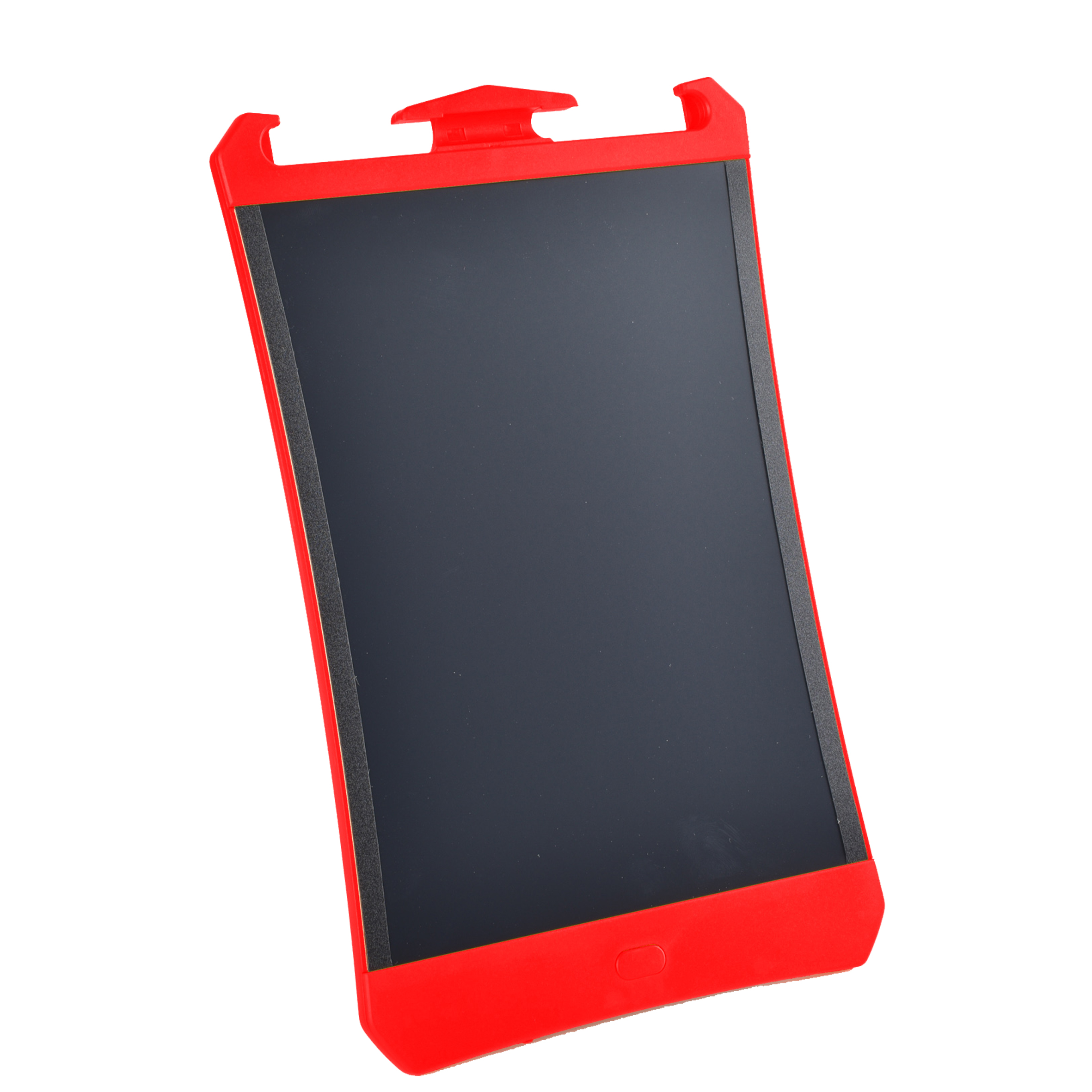 Una tableta de dibujo roja con pantalla negra. Tiene un marco rojo con un asa en la parte superior.