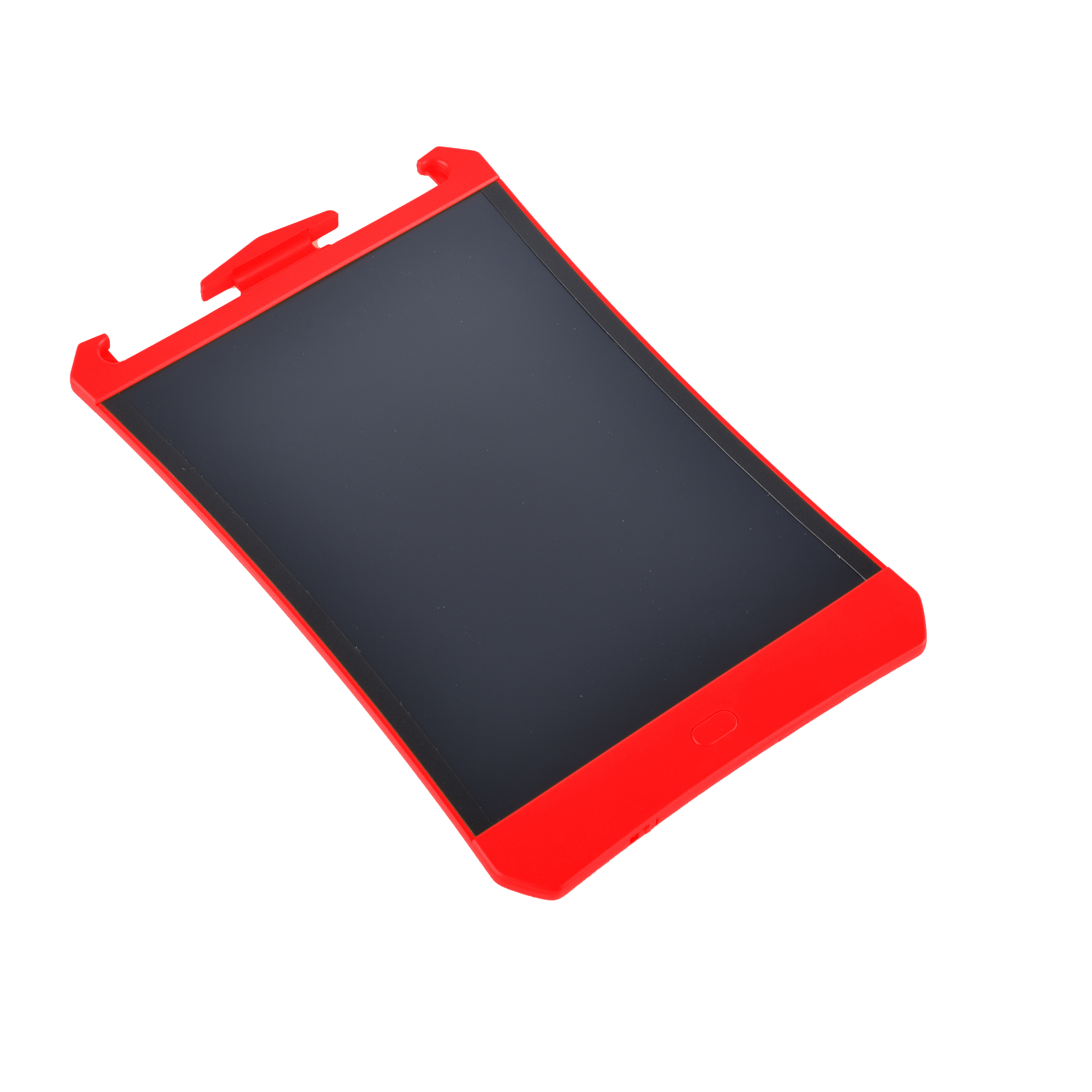 Tableta roja con pantalla negra, aislada sobre blanco.