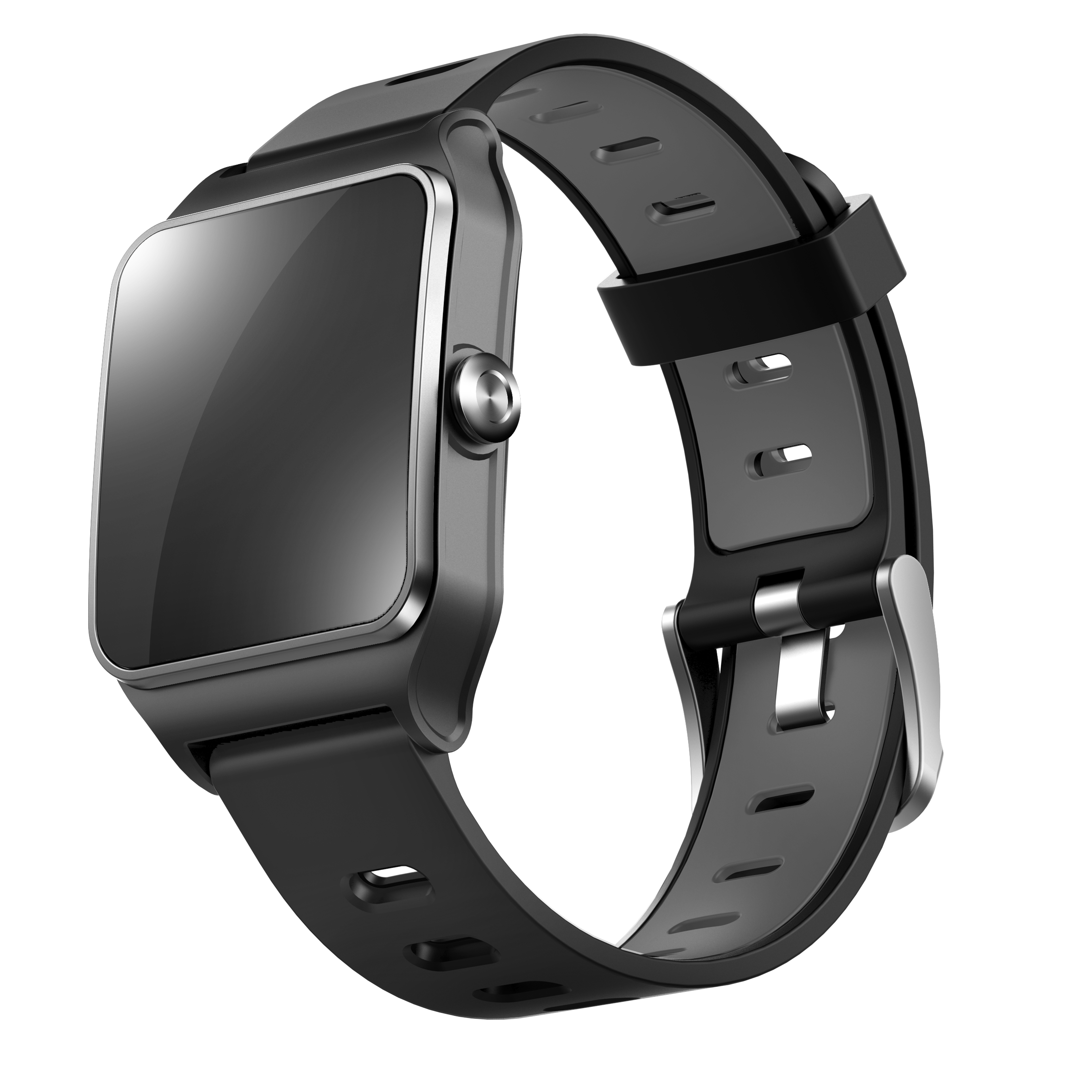 Smartwatch nero con display quadrato e cinturino nero e grigio.