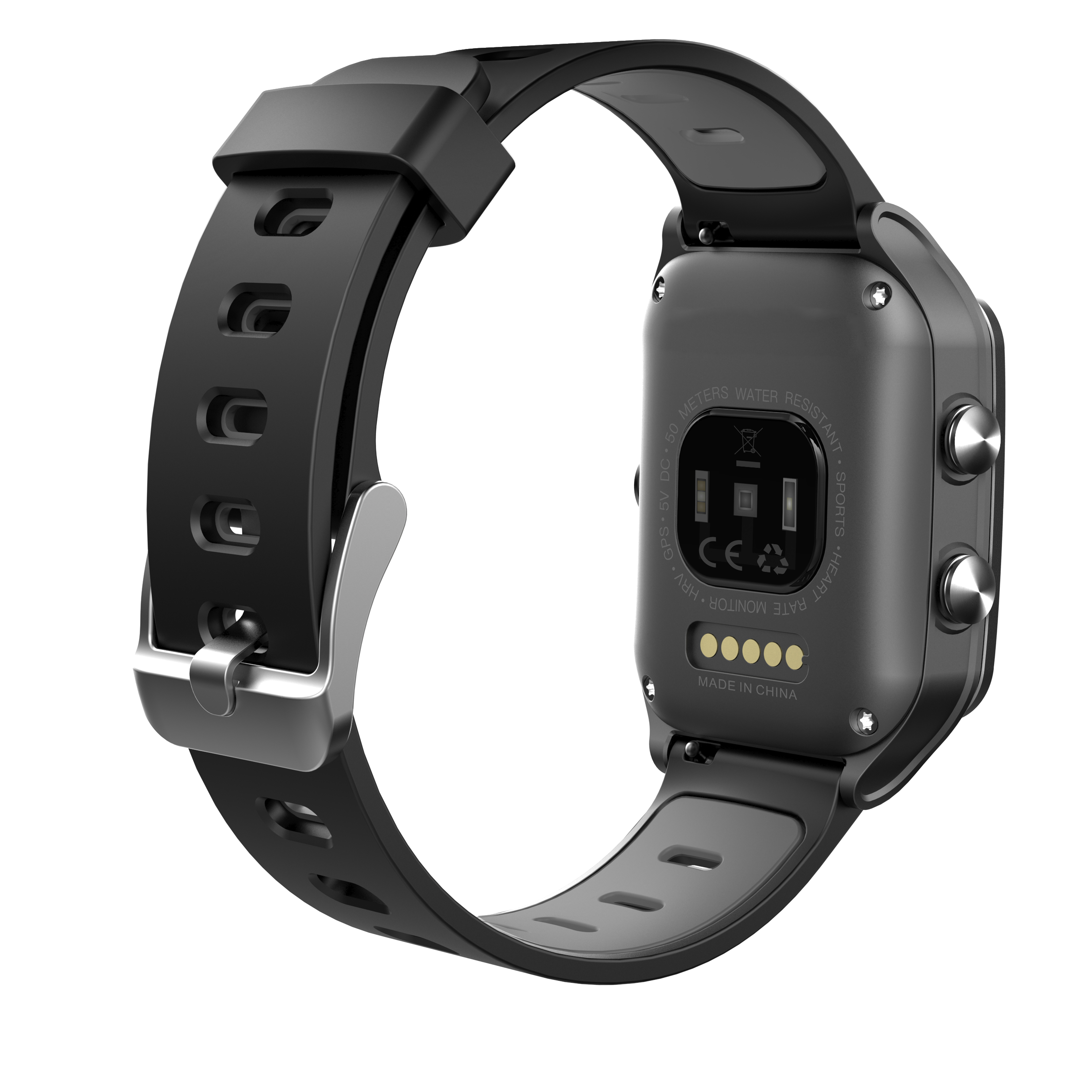 Smartwatch nero con cinturino nero. Mostra il retro dell'orologio con pulsanti e sensori.