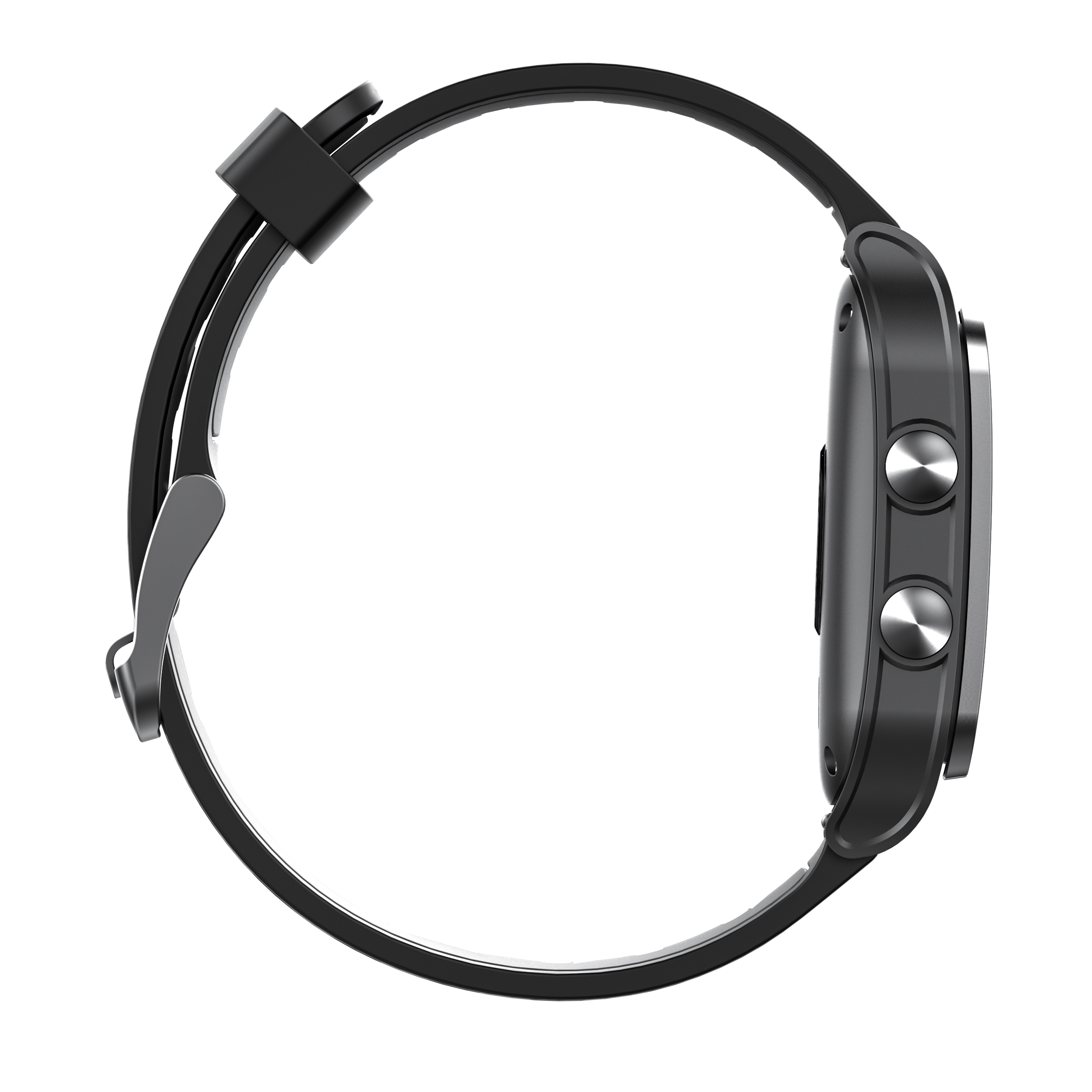 Smartwatch nero. Cinturino nero curvo. Due pulsanti laterali. Sfondo bianco.