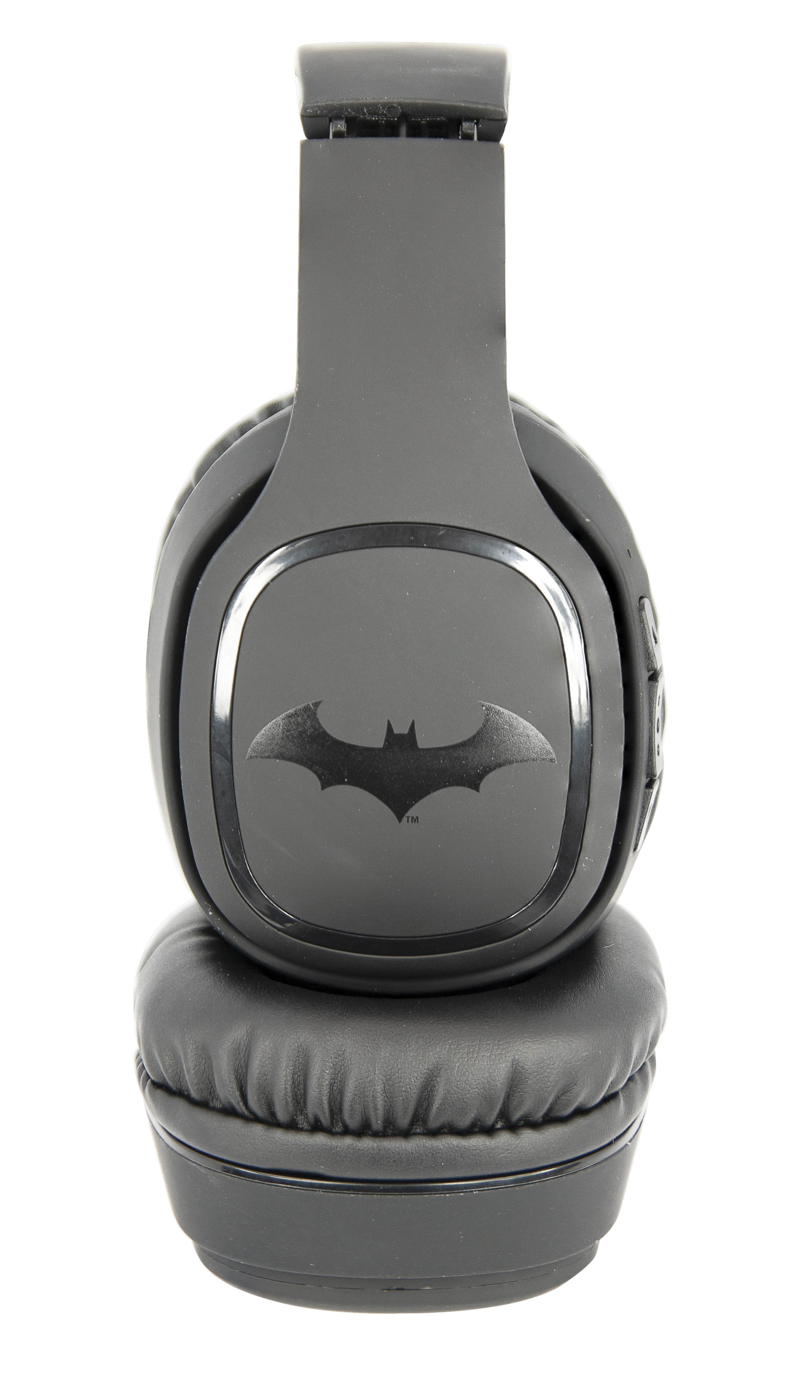 Schwarze Batman-Kopfhörer mit Batman-Logo, weißer Hintergrund.