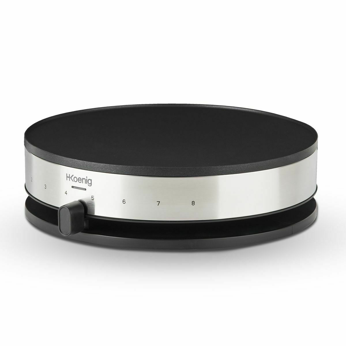 Czarny i srebrny naleśnikarka. Posiada pokrętło regulacji temperatury i lampkę kontrolną.