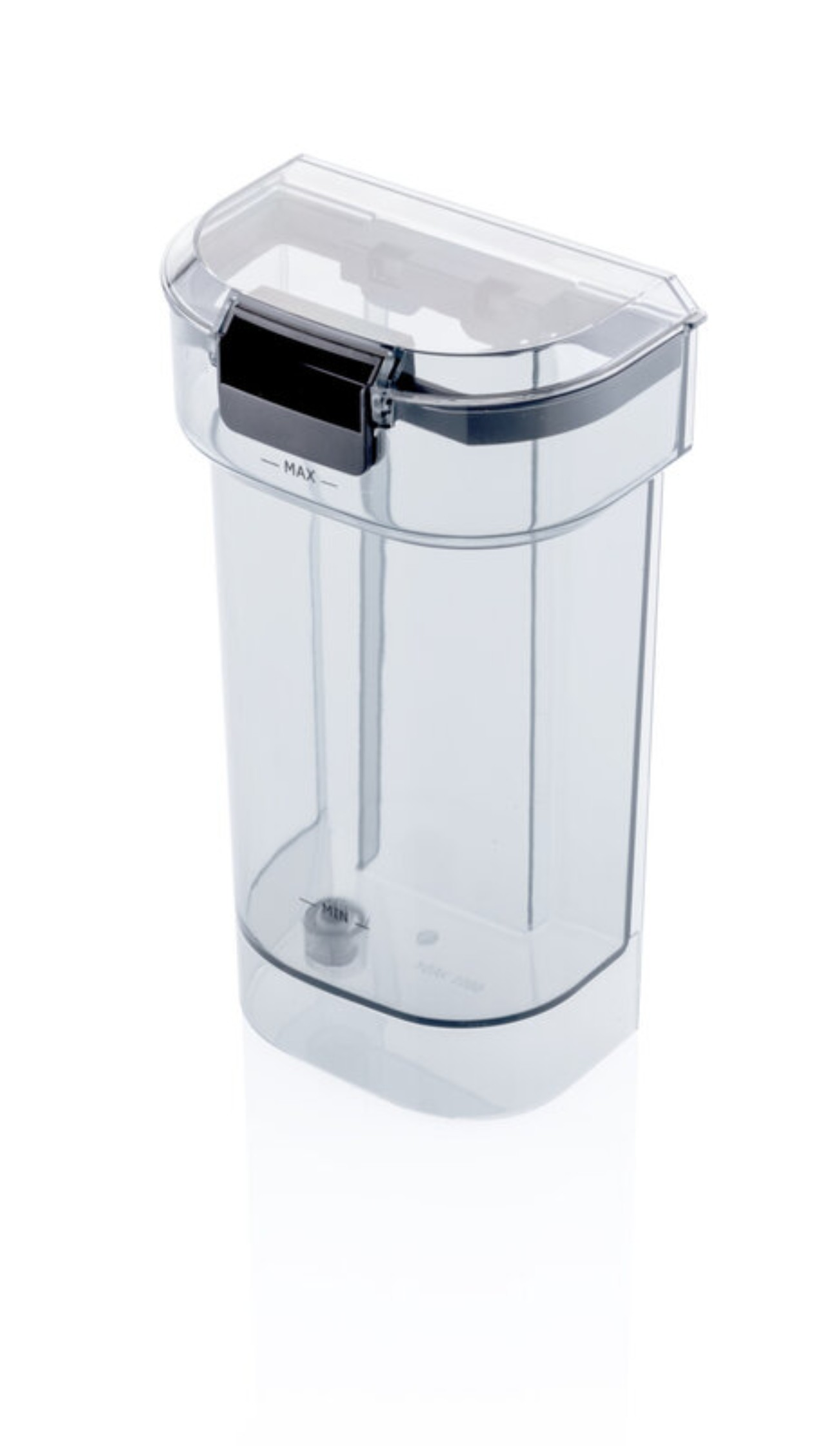 Przezroczysty plastikowy zbiornik na wodę. Przezroczysty, pusty. Białe tło.