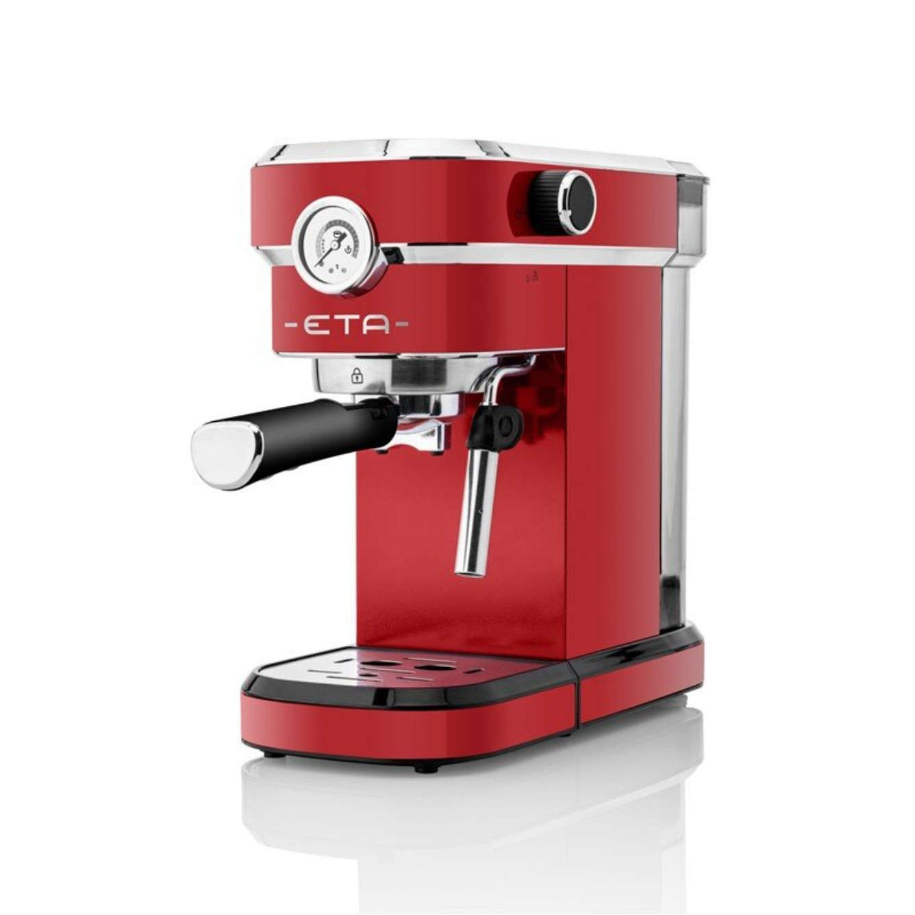 Rote Espressomaschine mit schwarzem Griff und Anzeige. Weißer Hintergrund.