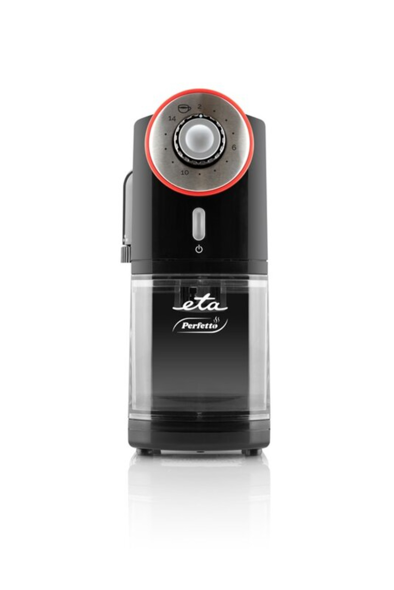Moulin à café noir avec un récipient transparent. Il a un cadran rouge et la marque est eta Perffeto.