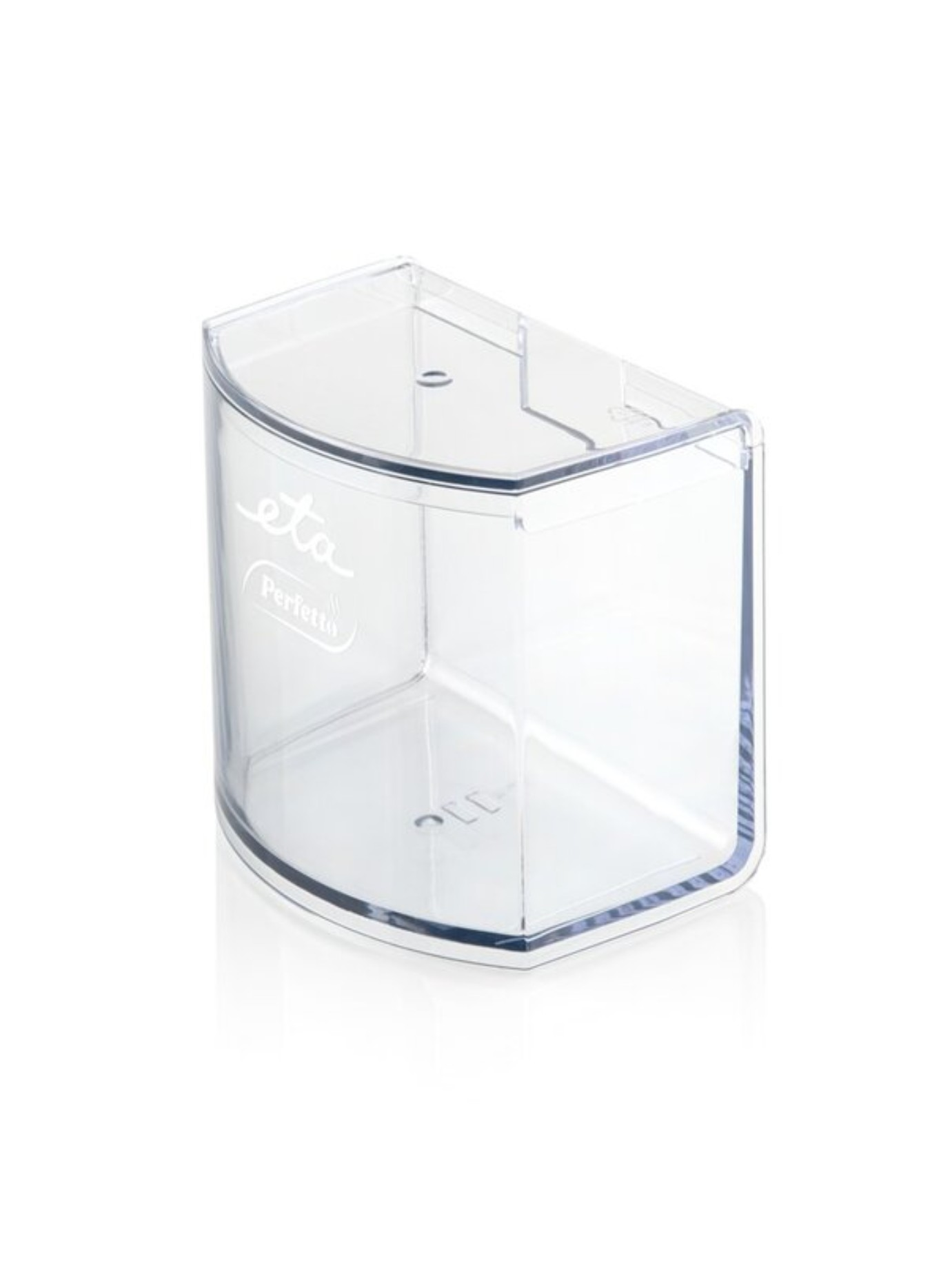 Récipient en plastique transparent, étiqueté 'eta Perfetta', isolé sur fond blanc.