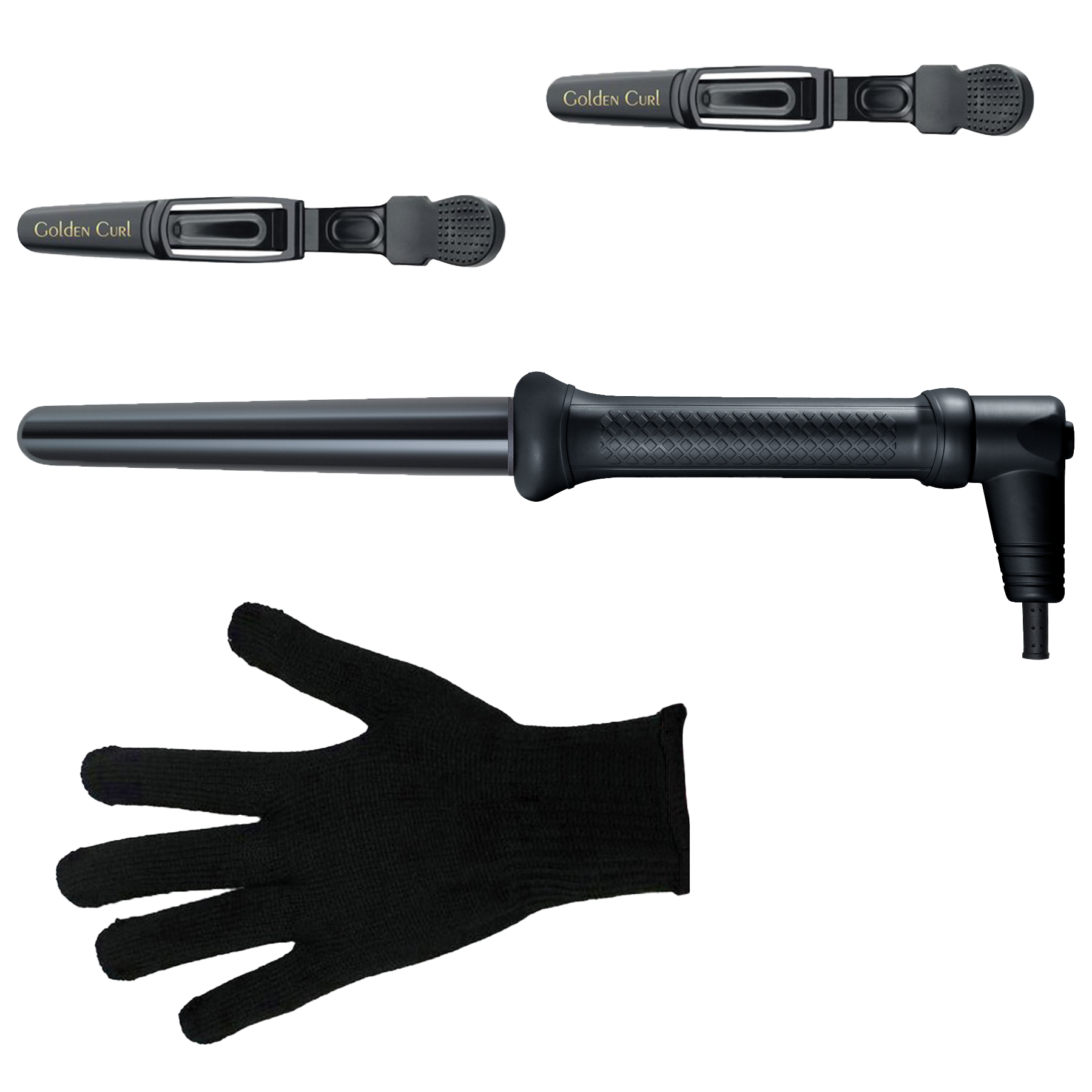 Schwarzer Lockenstab, drei Aufsätze und ein schwarzer Handschuh. Schwarzer Hintergrund.