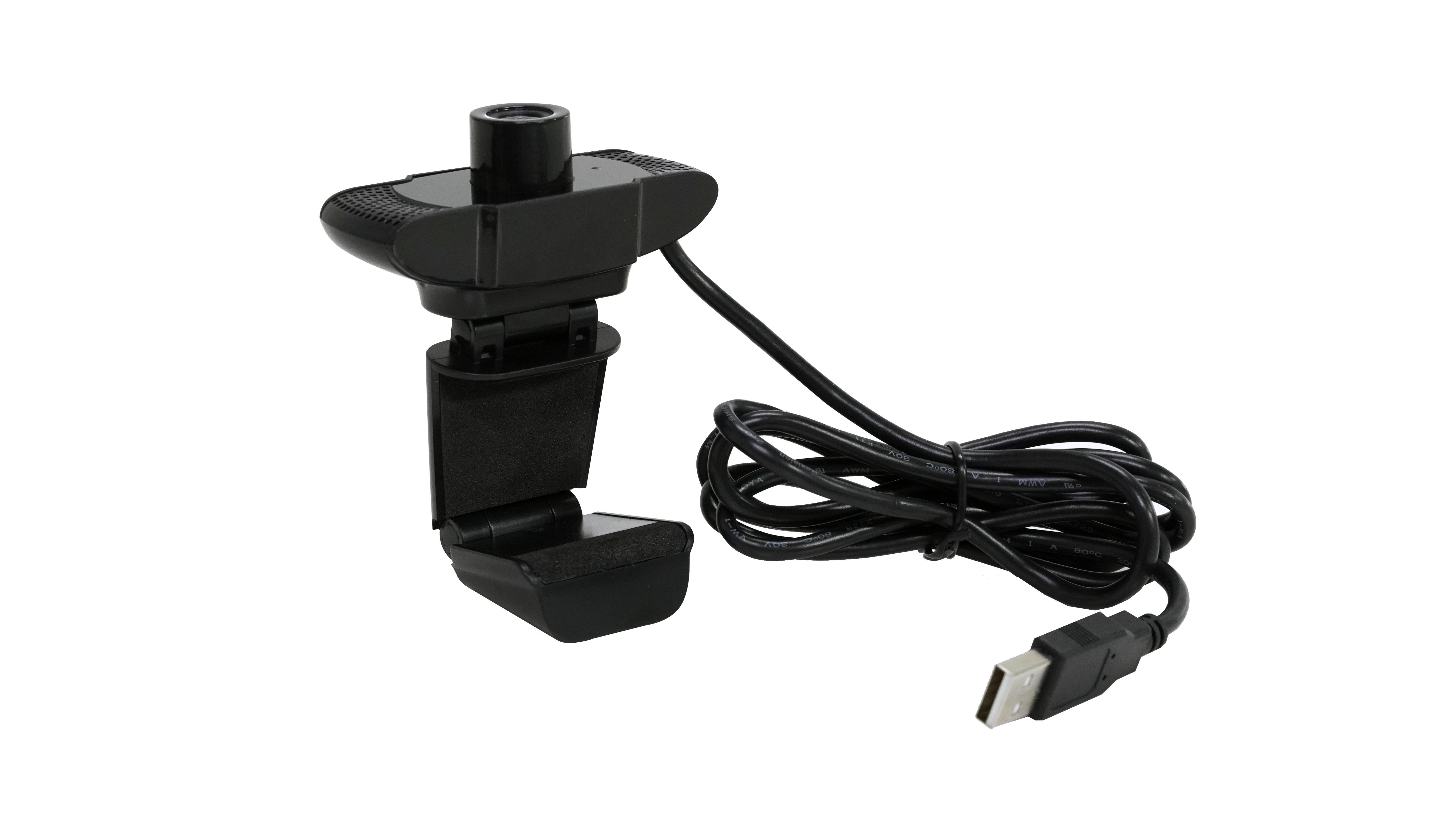 Czarna kamera internetowa z kablem USB, na czarnym tle.