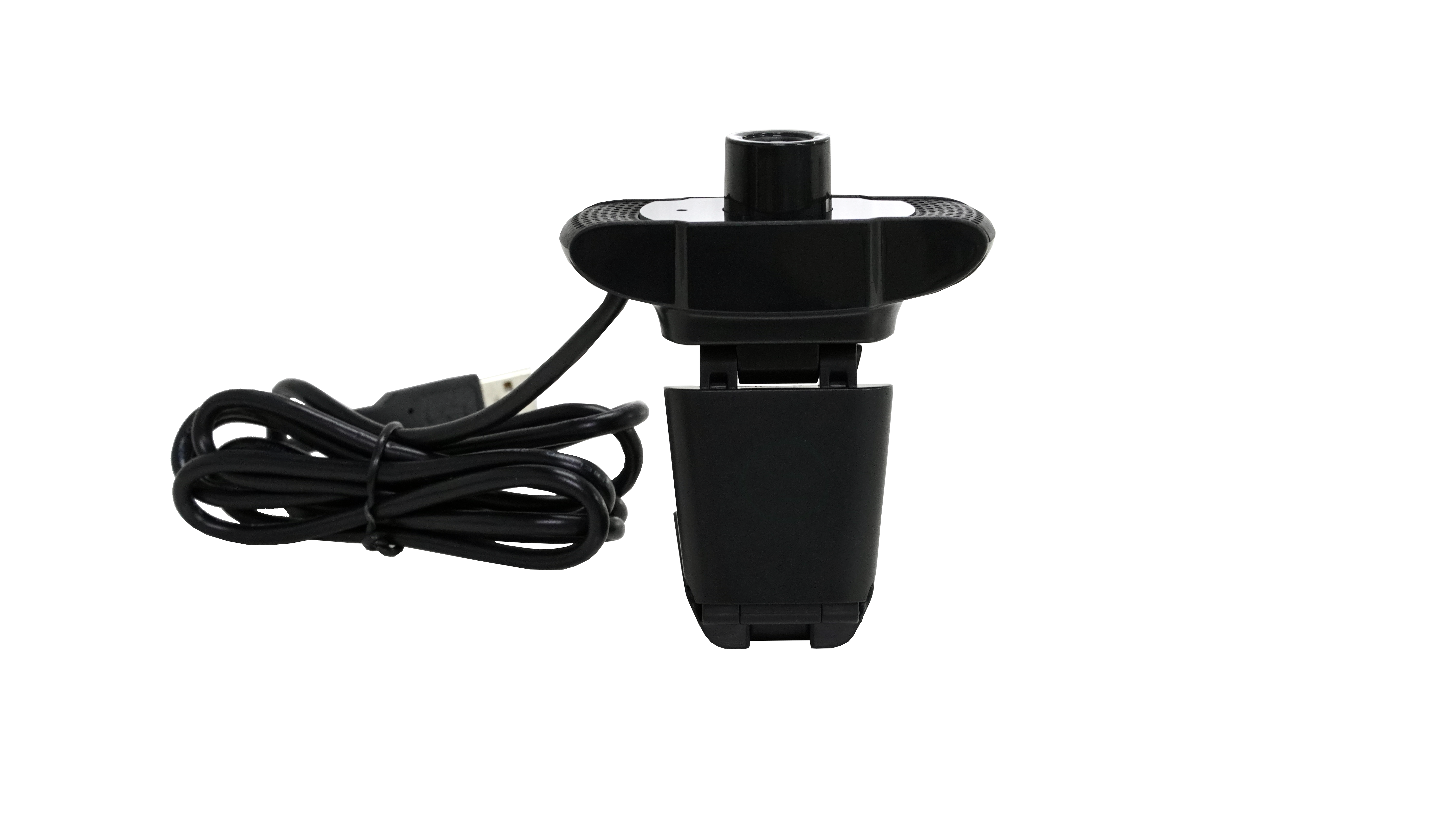 Czarna kamera internetowa na czarnym tle. Kamera internetowa ma kabel USB.