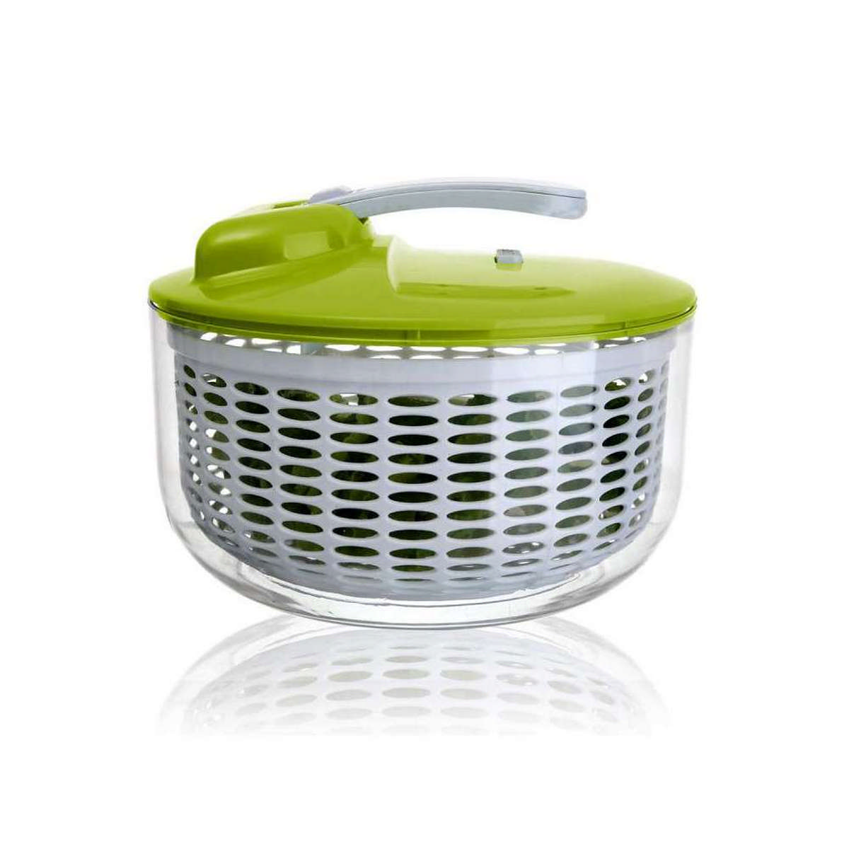 Un centrifugador de ensalada verde con un recipiente transparente y una cesta interior blanca.