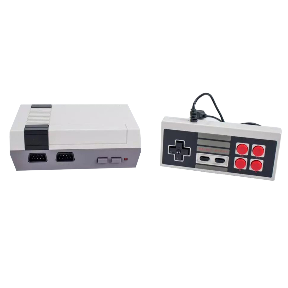 Consola de juegos blanca y gris con un controlador.