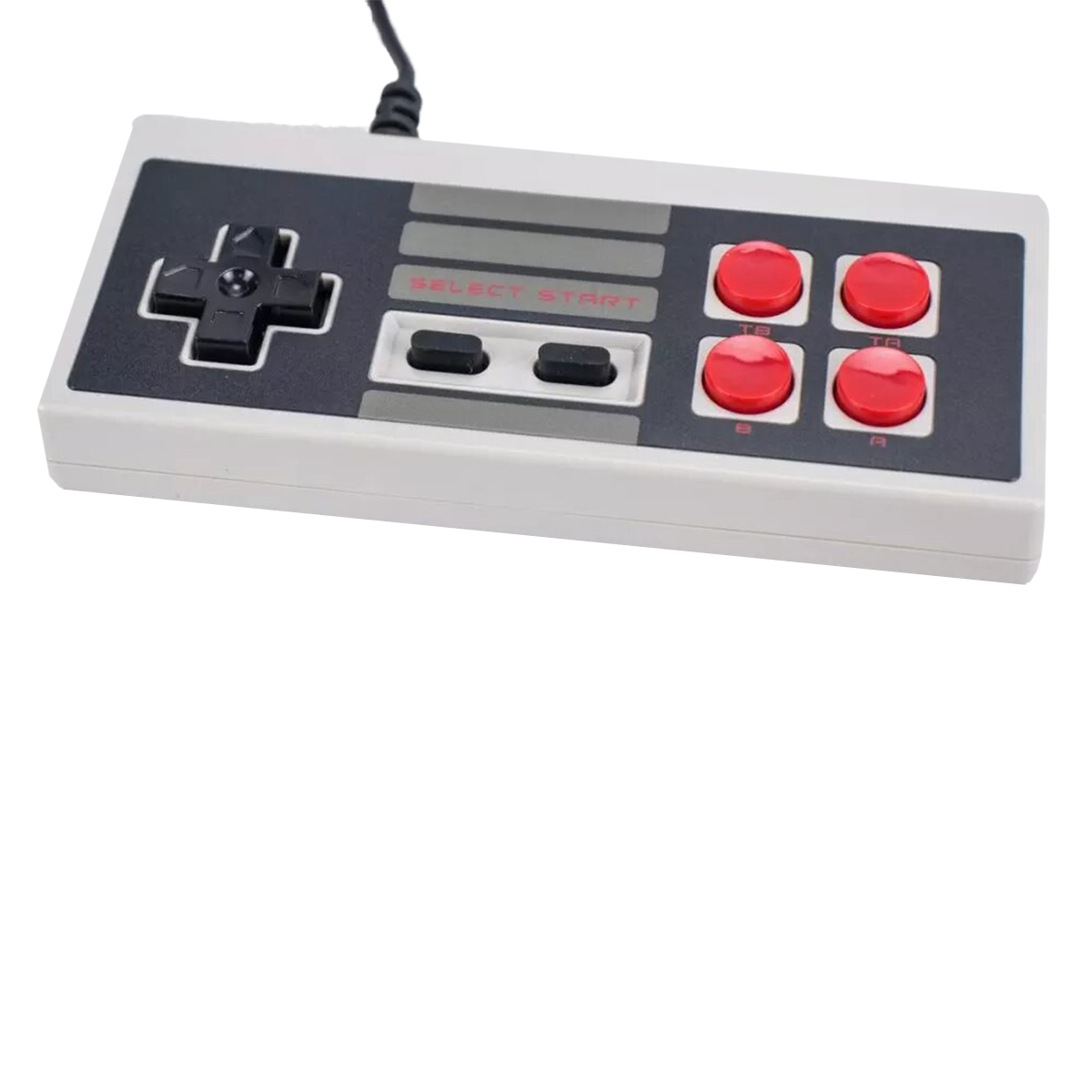 Controlador de juego retro con cruceta, botones select/start y cuatro botones de acción rojos.