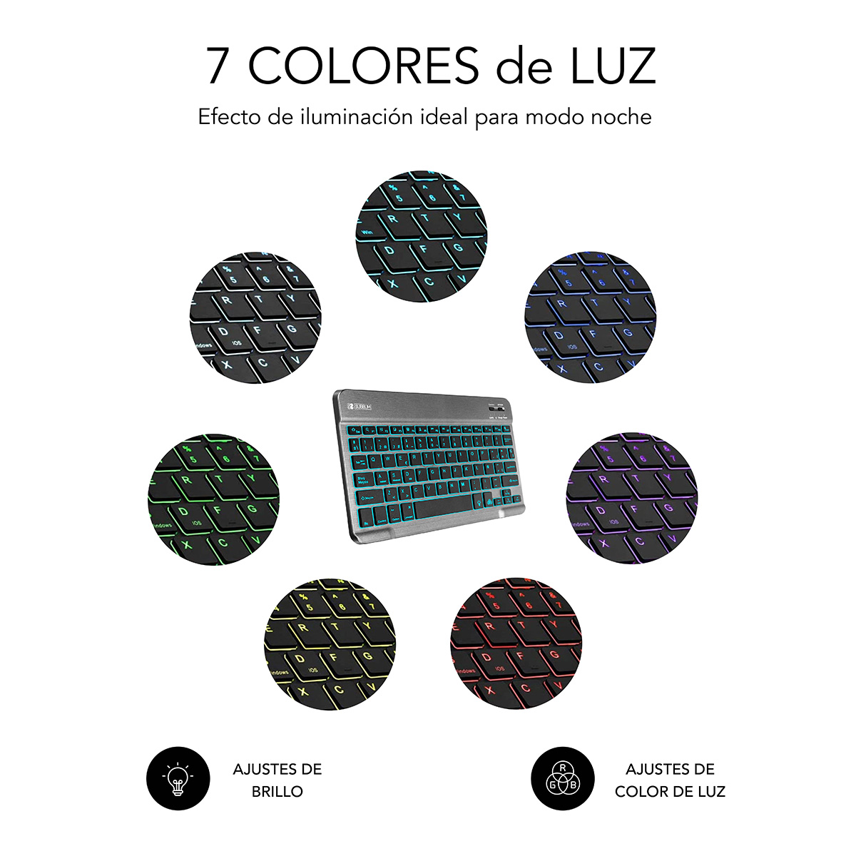 Teclado con teclas iluminadas de colores, mostrando múltiples opciones de color.