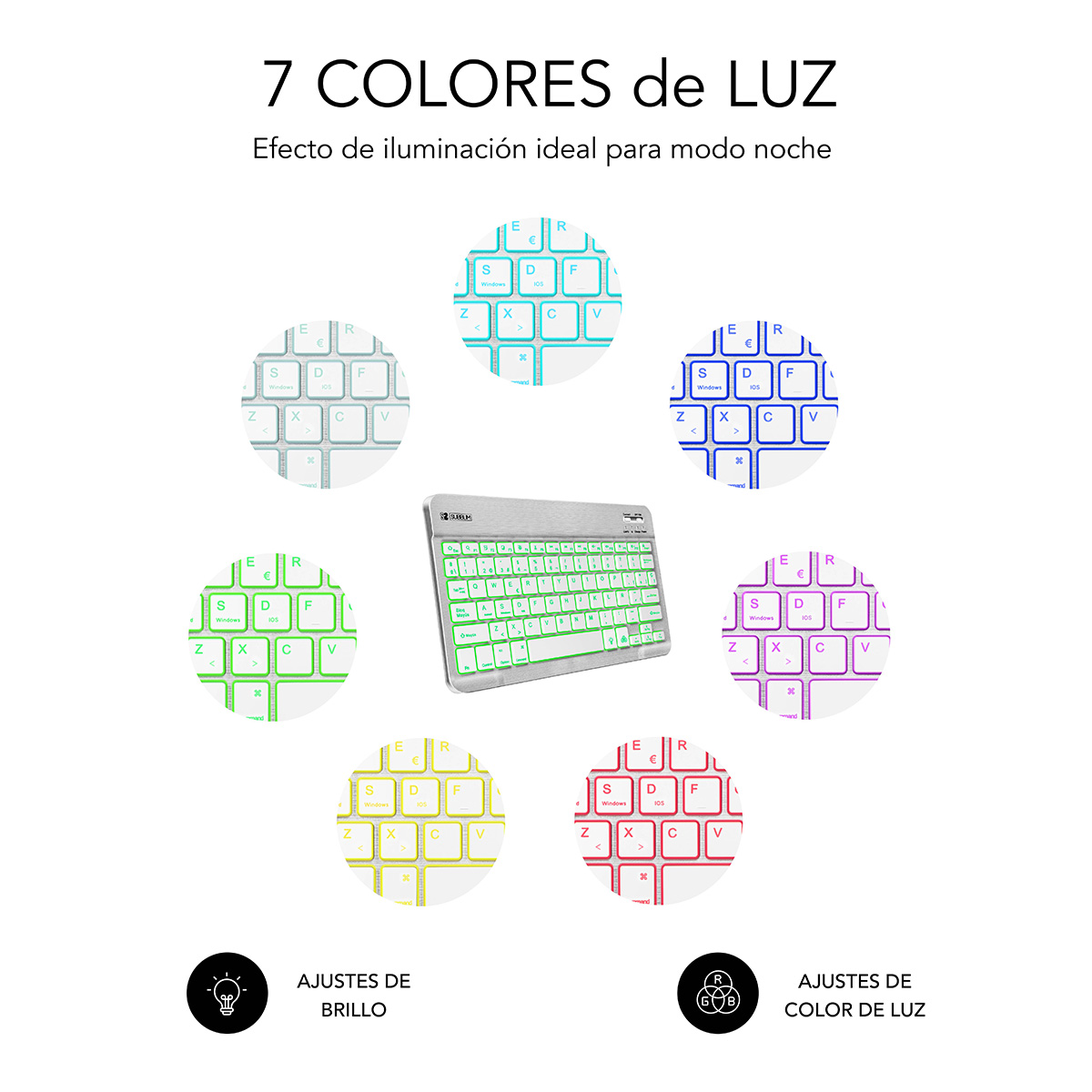 Una tastiera con 7 opzioni di colore. Tasti bianchi e cornice argentata. Testo in spagnolo descrive le opzioni.