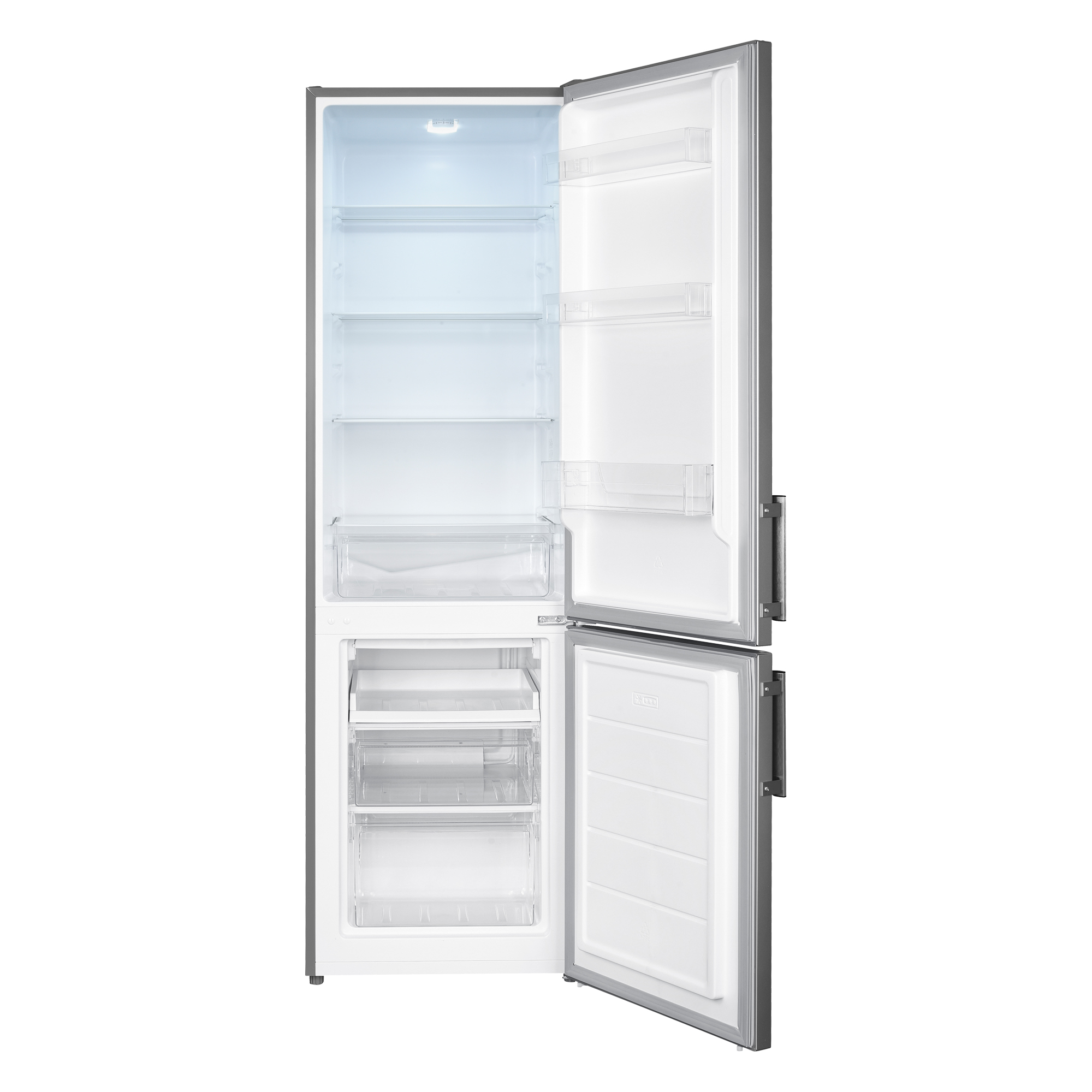 Kühlschrank mit geöffneten Türen, Regalen, Schubladen und Licht.