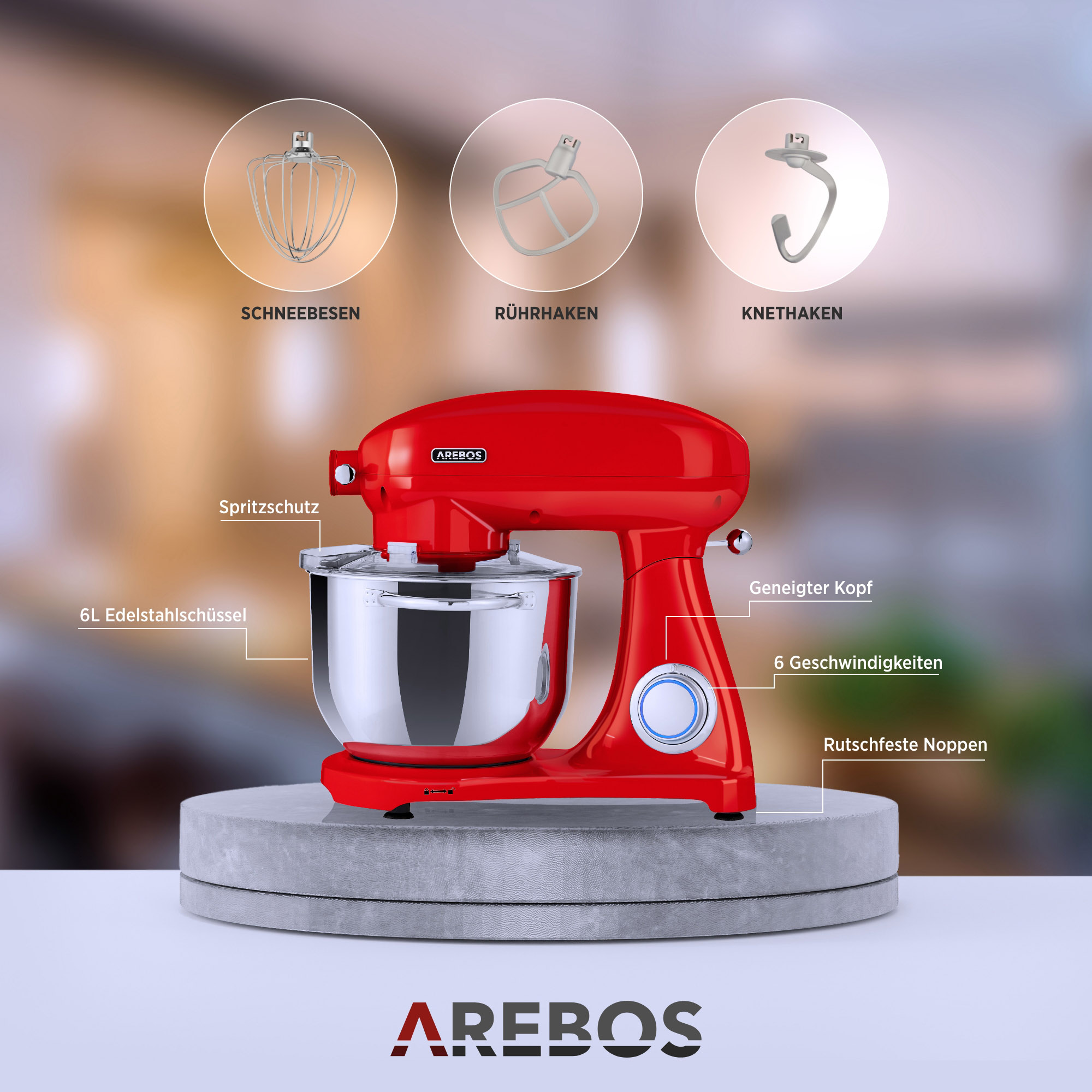 6 (Rührschüsselkapazität: AREBOS 6 l, Watt) Speedlevels 1800 Küchenmaschine rot