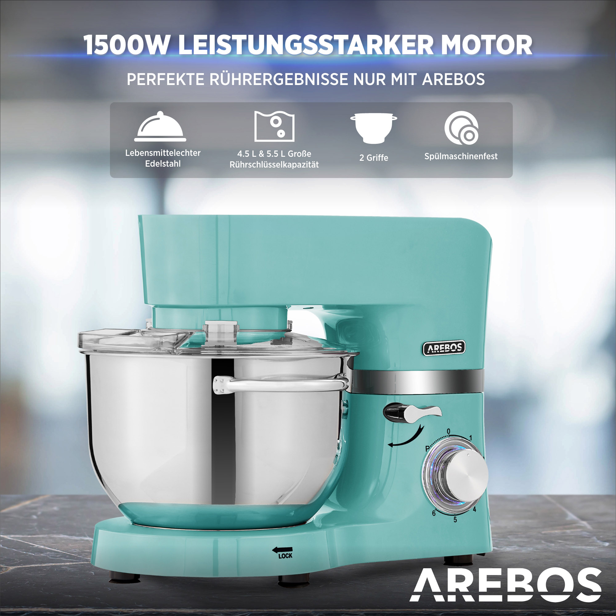 Türkis Küchenmaschine mit silberner Schüssel. Oben Schloss und Text sichtbar.
