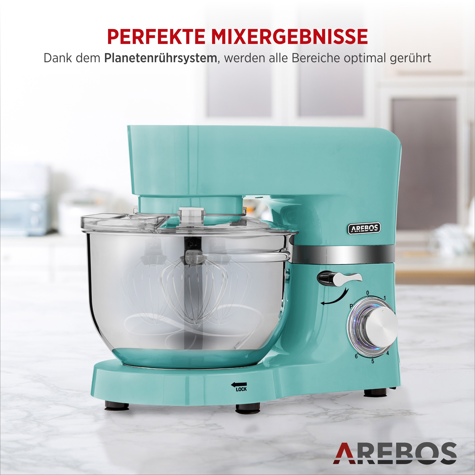 Türkisfarbener Küchenmixer mit Edelstahl-Schüssel und Drehknopf, auf Marmor-Arbeitsplatte.