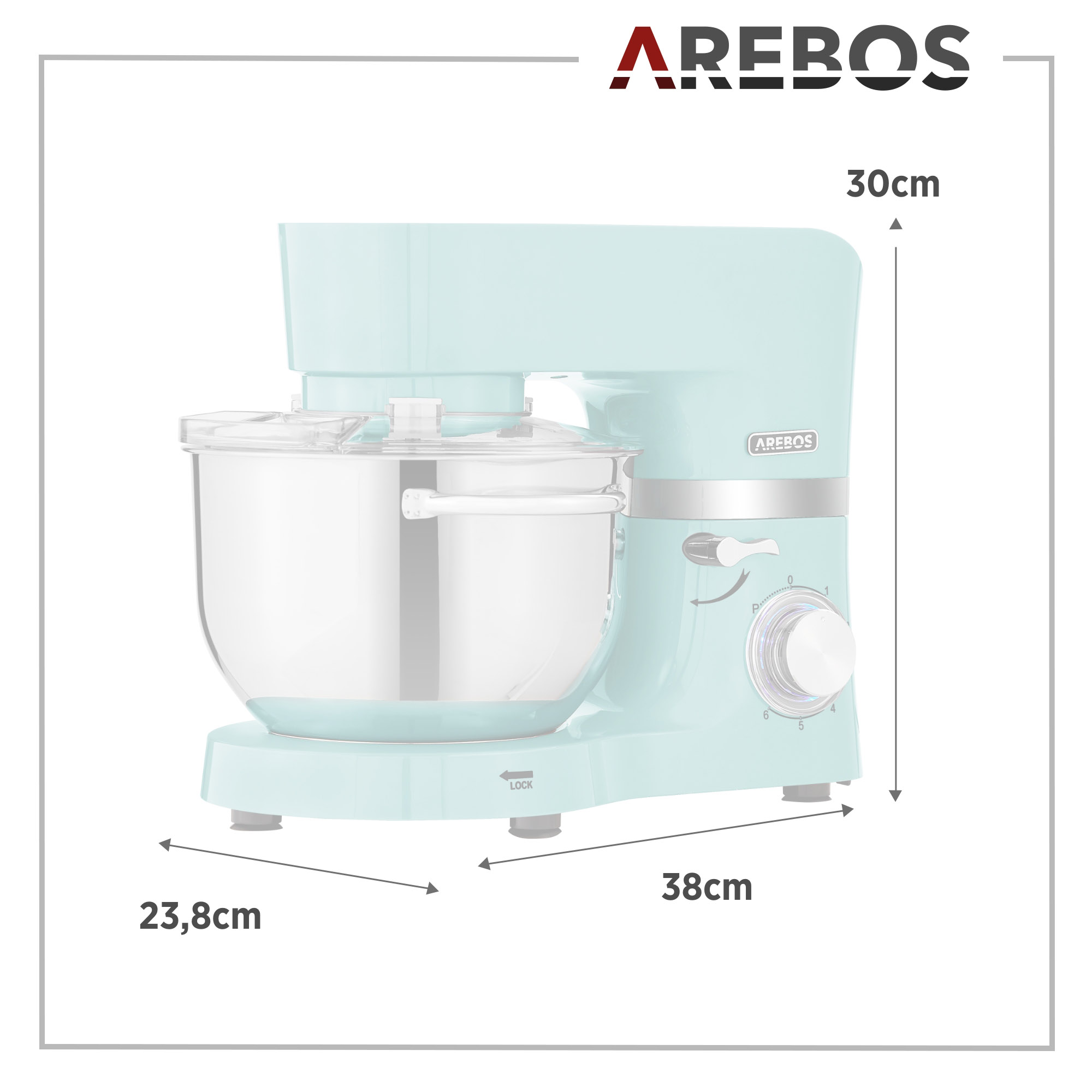 Minzgrüner Küchenmixer mit silberner Schüssel. Abmessungen sind angegeben. Die Marke Arebos steht oben.