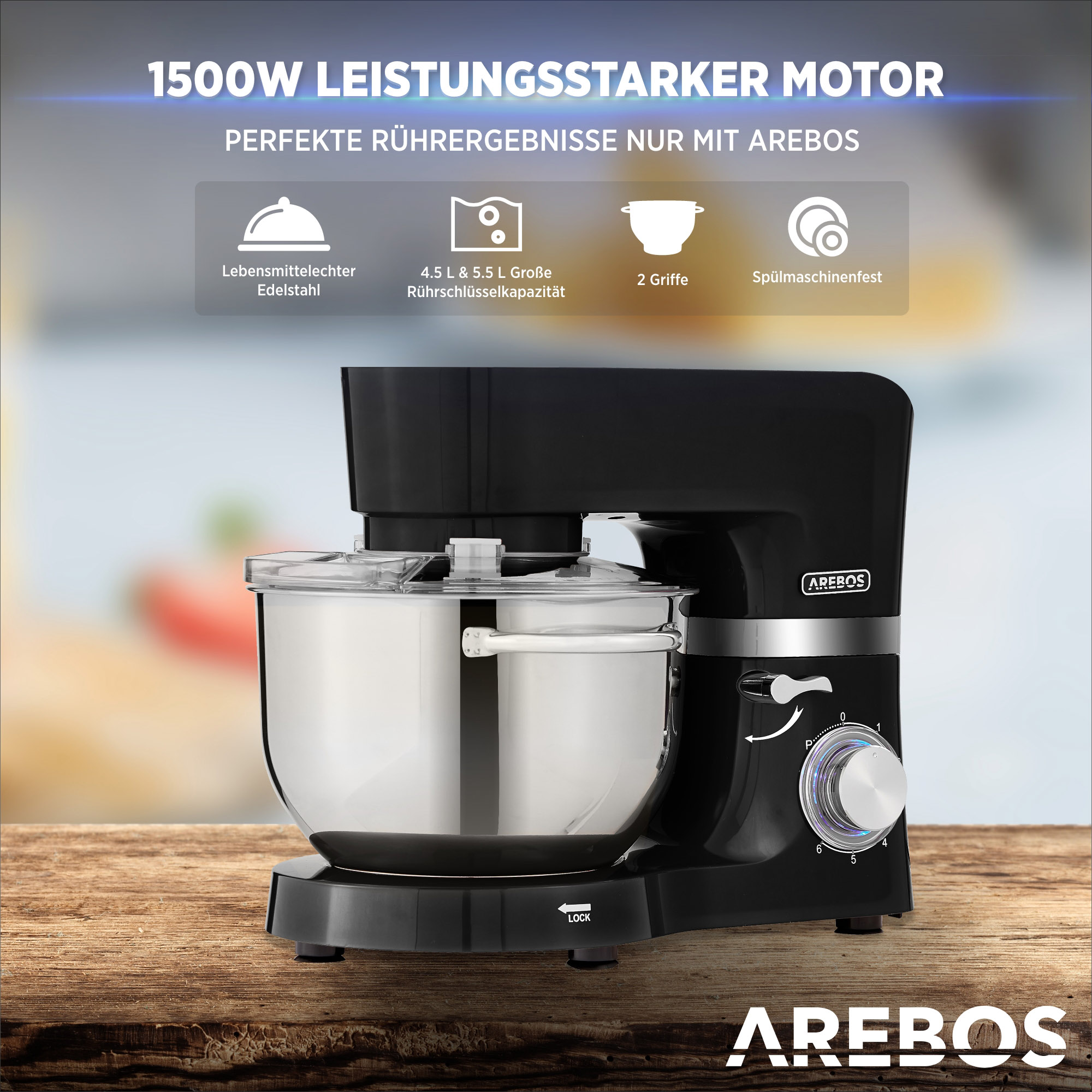 Schwarzer Küchenmixer mit Aufsätzen, Edelstahl-Schüssel und Arebos-Logo.