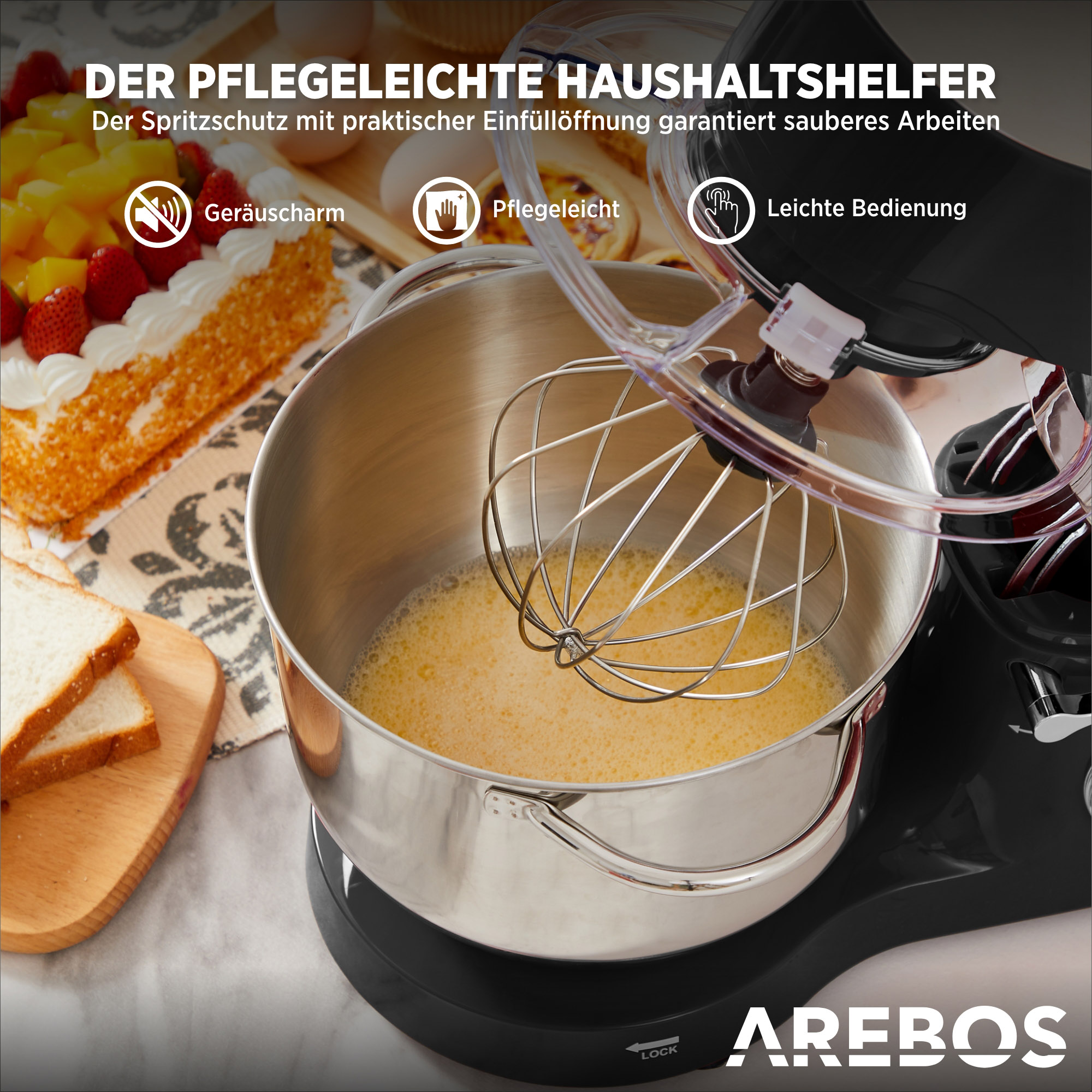 Rührschüssel mit Schneebesen, Eiern und Text über einfache Bedienung.