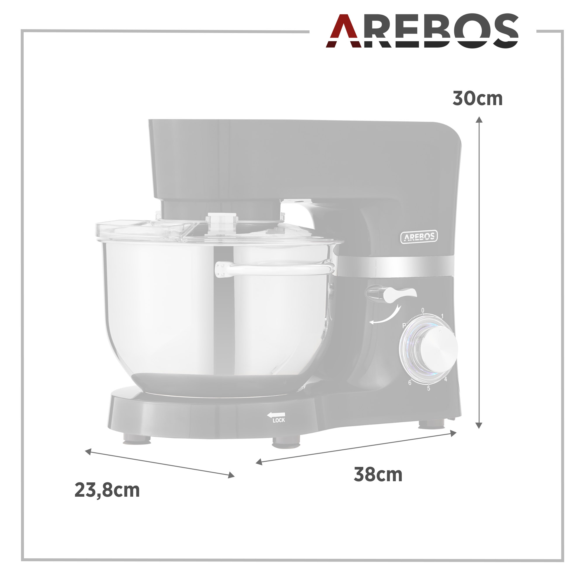 Küchenmixer mit Maßen. Schwarz-Silber-Design. Maße in Zentimetern.
