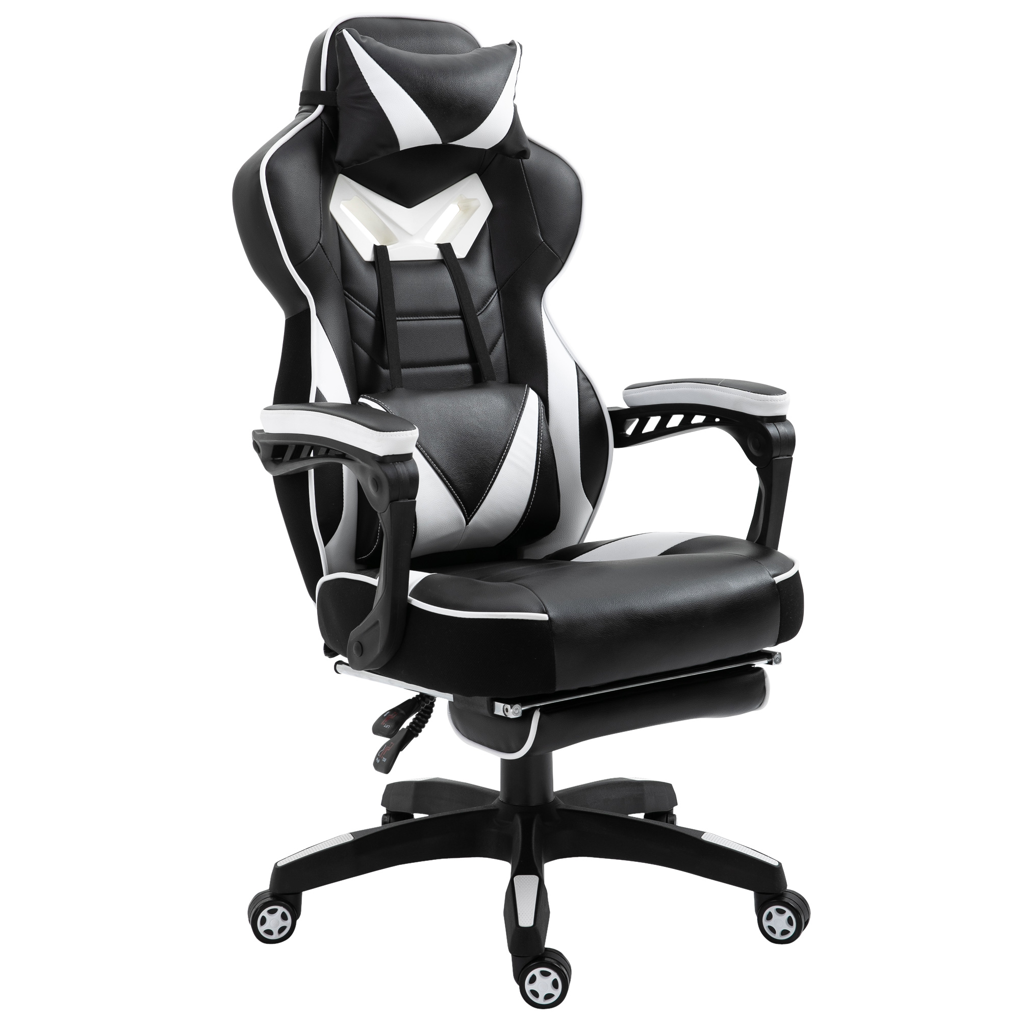 Silla Gaming Vinsetto 921237wt negro blanco con racing de escritorio para oficina regulable en altura reclinable respaldo reposacabezas lumbar ruedas 65x70x11851285 cm 65x70x1285