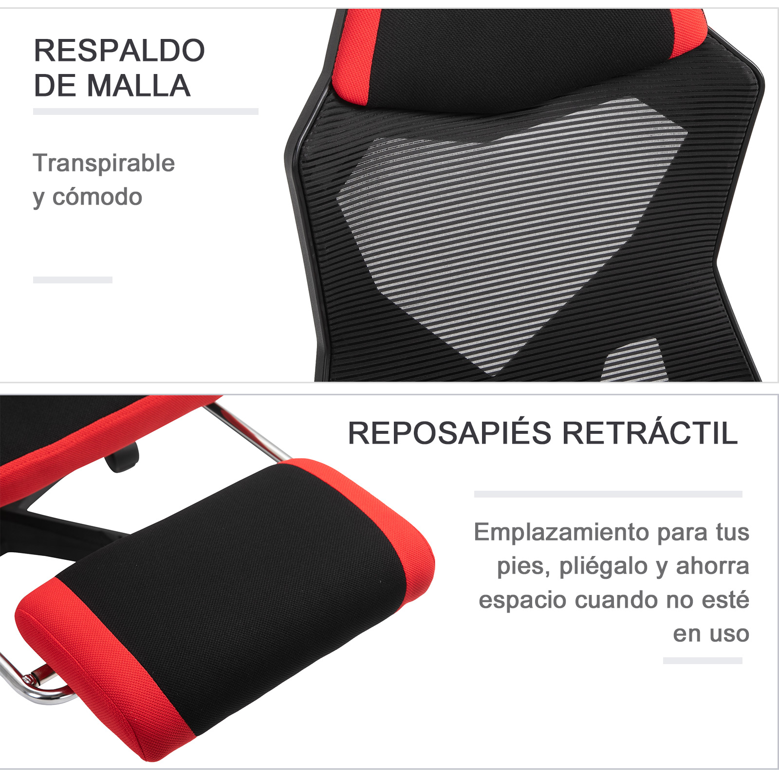 Primeros planos de componentes de silla de oficina negra y roja con etiquetas de texto.