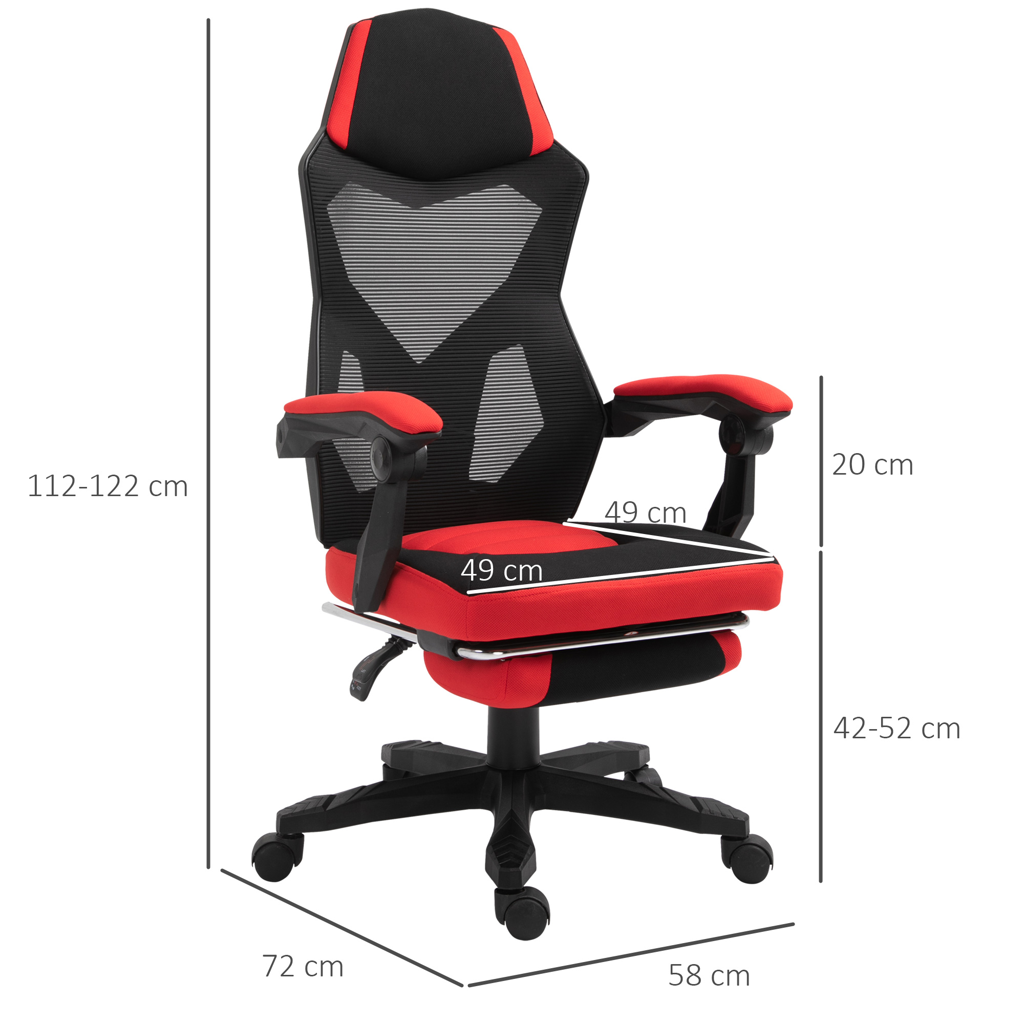 Silla gaming, negra y roja, con dimensiones: 112-122cm, 49cm, 72cm, 58cm y 20cm.