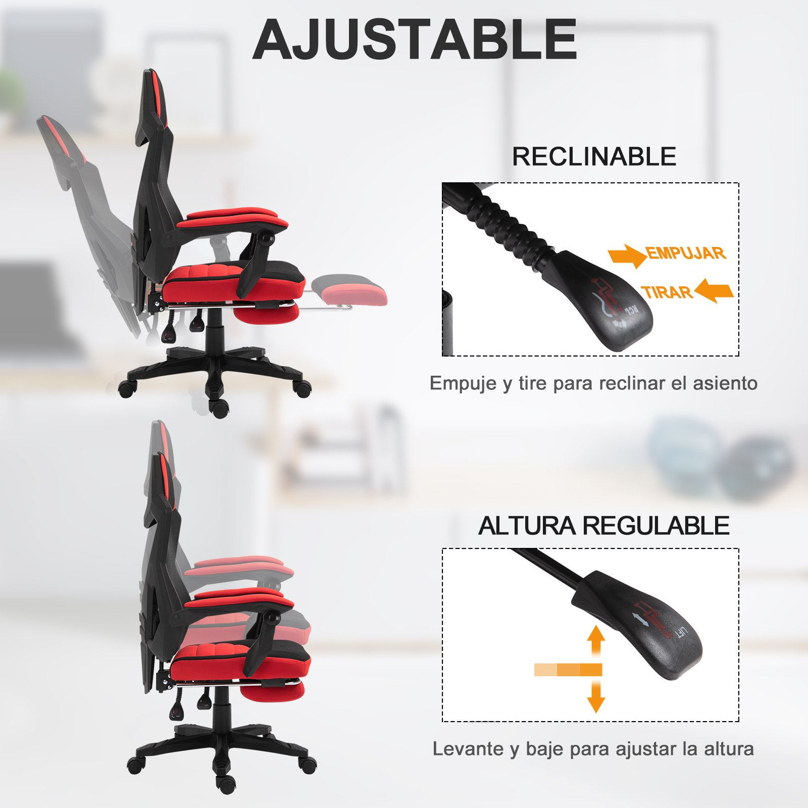 Silla gamer ajustable, mostrando detalles de reclinación y ajuste de altura con diagramas.