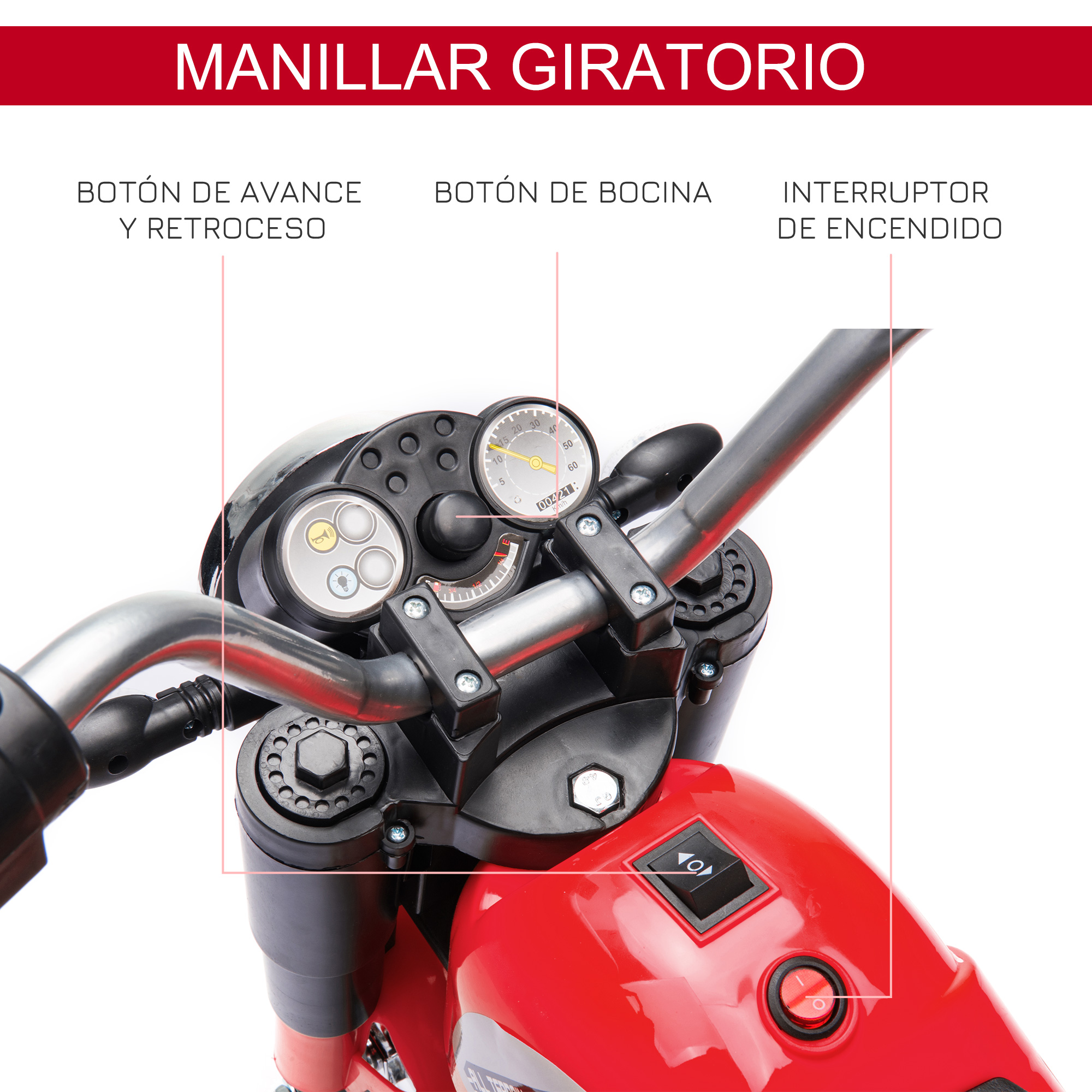 Primer plano del manillar y el salpicadero de una moto de juguete roja.