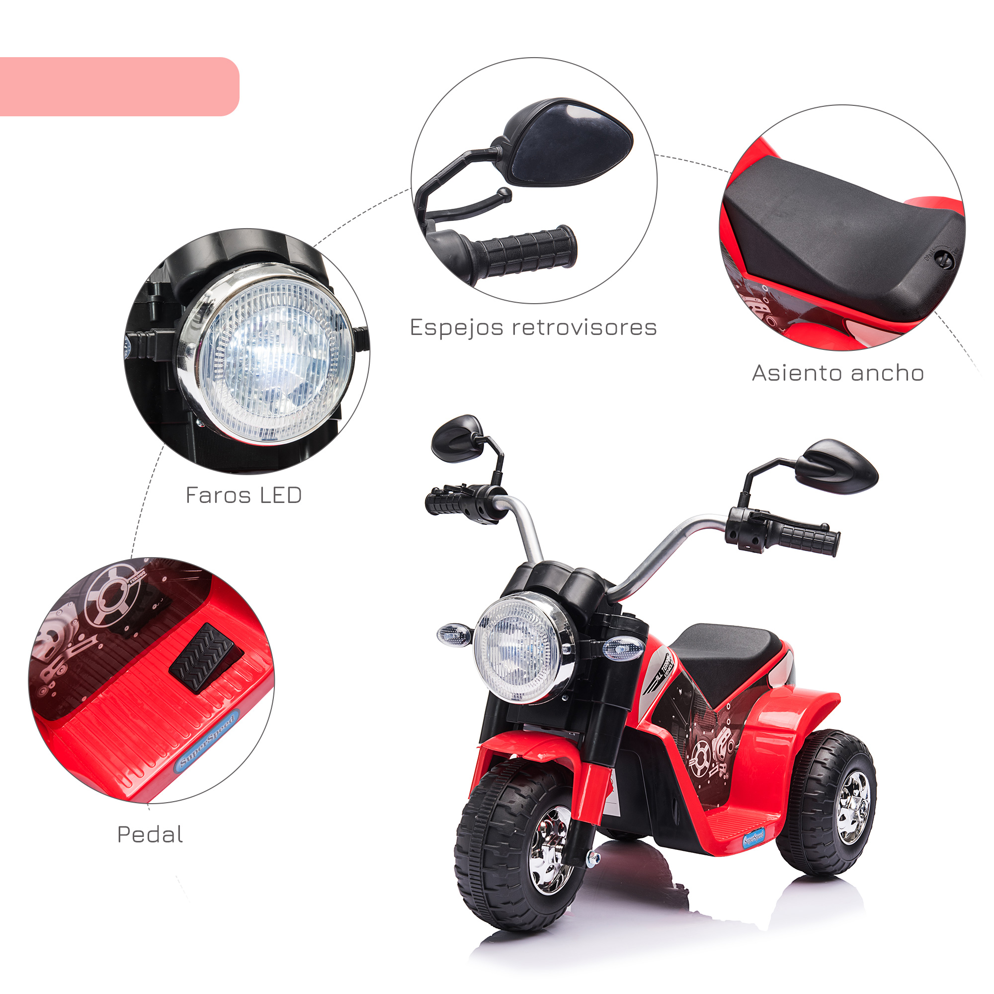 Motocicleta de juguete roja con detalles negros, luces LED y detalles etiquetados en español. Es un juguete.