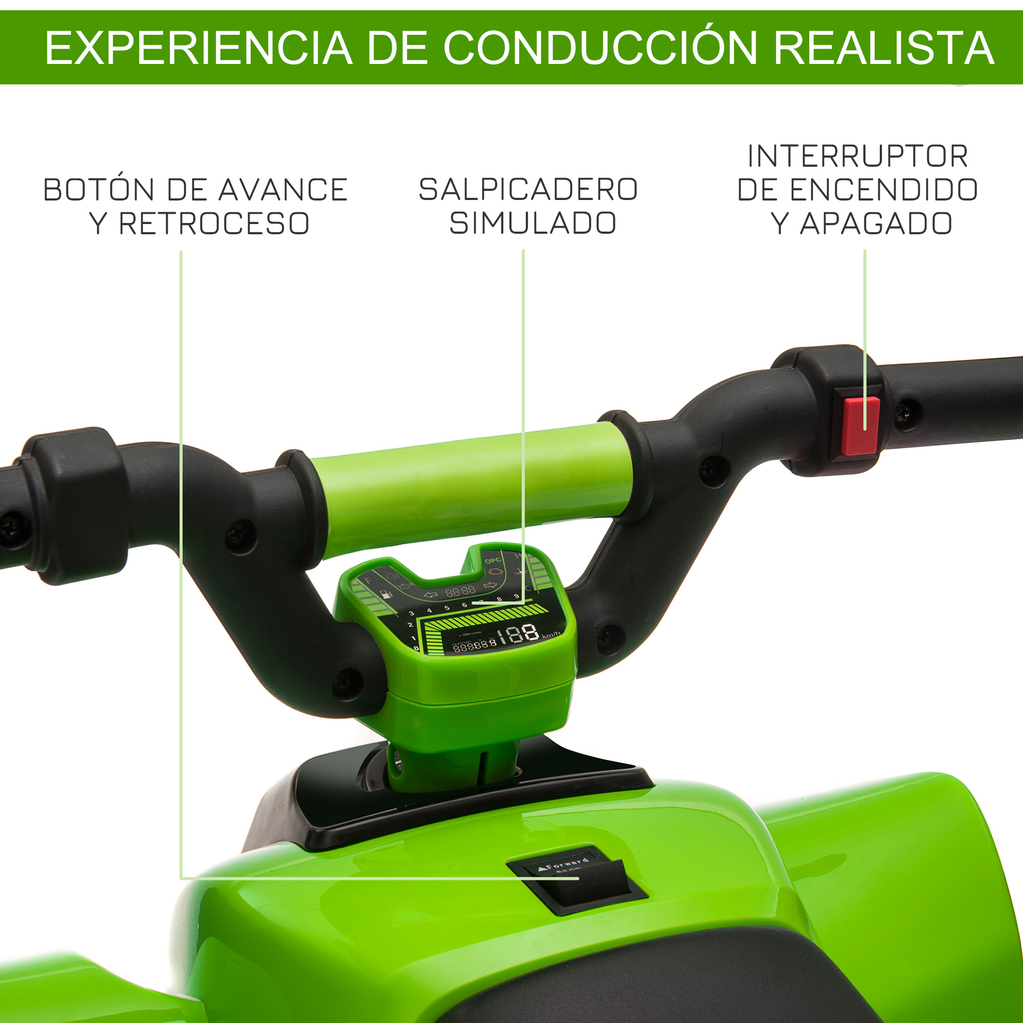 Manillar de ATV verde con botones de control y una pantalla digital, que muestra la velocidad y otros indicadores.